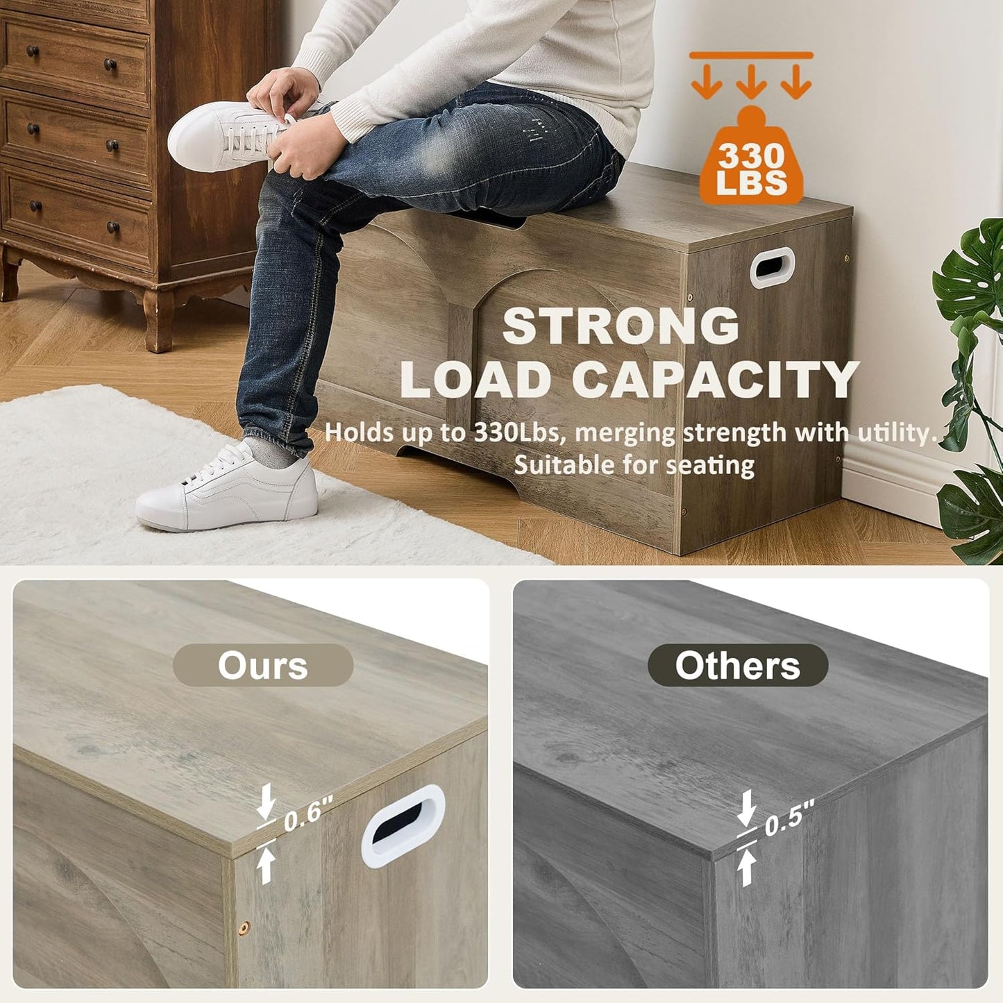 Storage Chest Bench, 31.5" Retro Storage Trunk Chest, Entryway Bench Supports 330 lb, Upgraded Safety Lift Support Hinge, Entryway Bench, U-Shaped Opening for Entryway Living Room, Greige