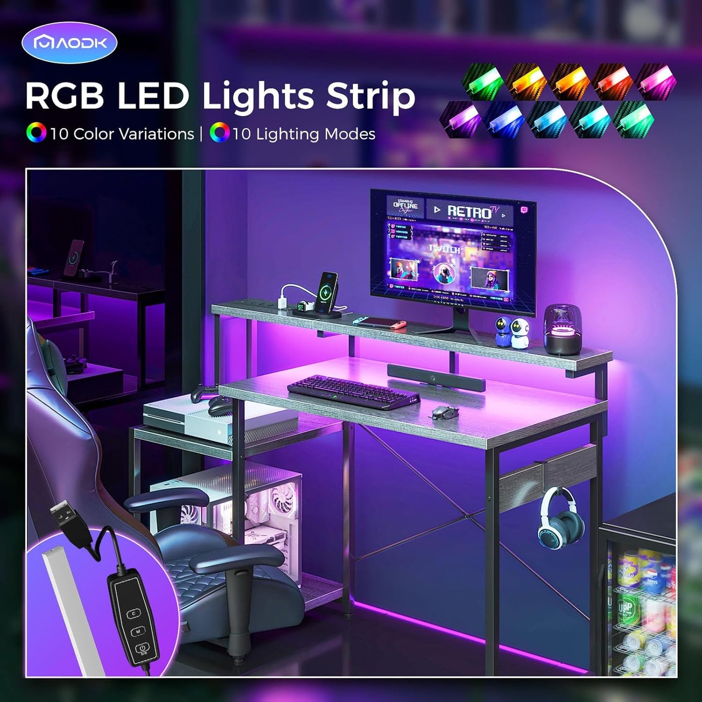 AODK Computer Desk, 48 Inch Gaming Desk with Led Lights & Power Outlet, Office Desk with Storage Shelves, Reversible Desk with Monitor Shelf & Headphone Hook, Grey Oak