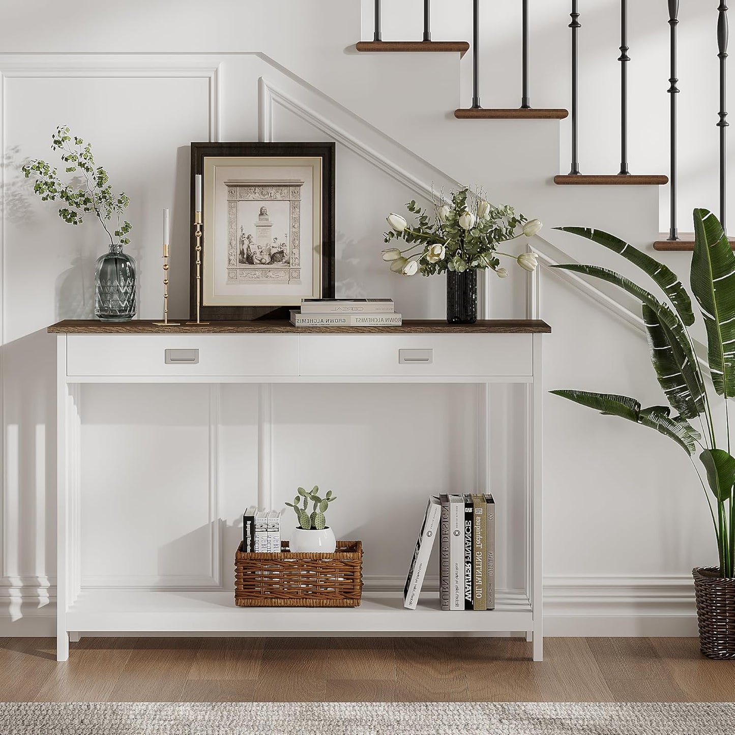 ChooChoo Farmhouse Long Entryway Table with Drawer, Mission Narrow Console Sofa Table with Storage, for Entryway,Living Room and Hallway, 47 Soft White and Brown