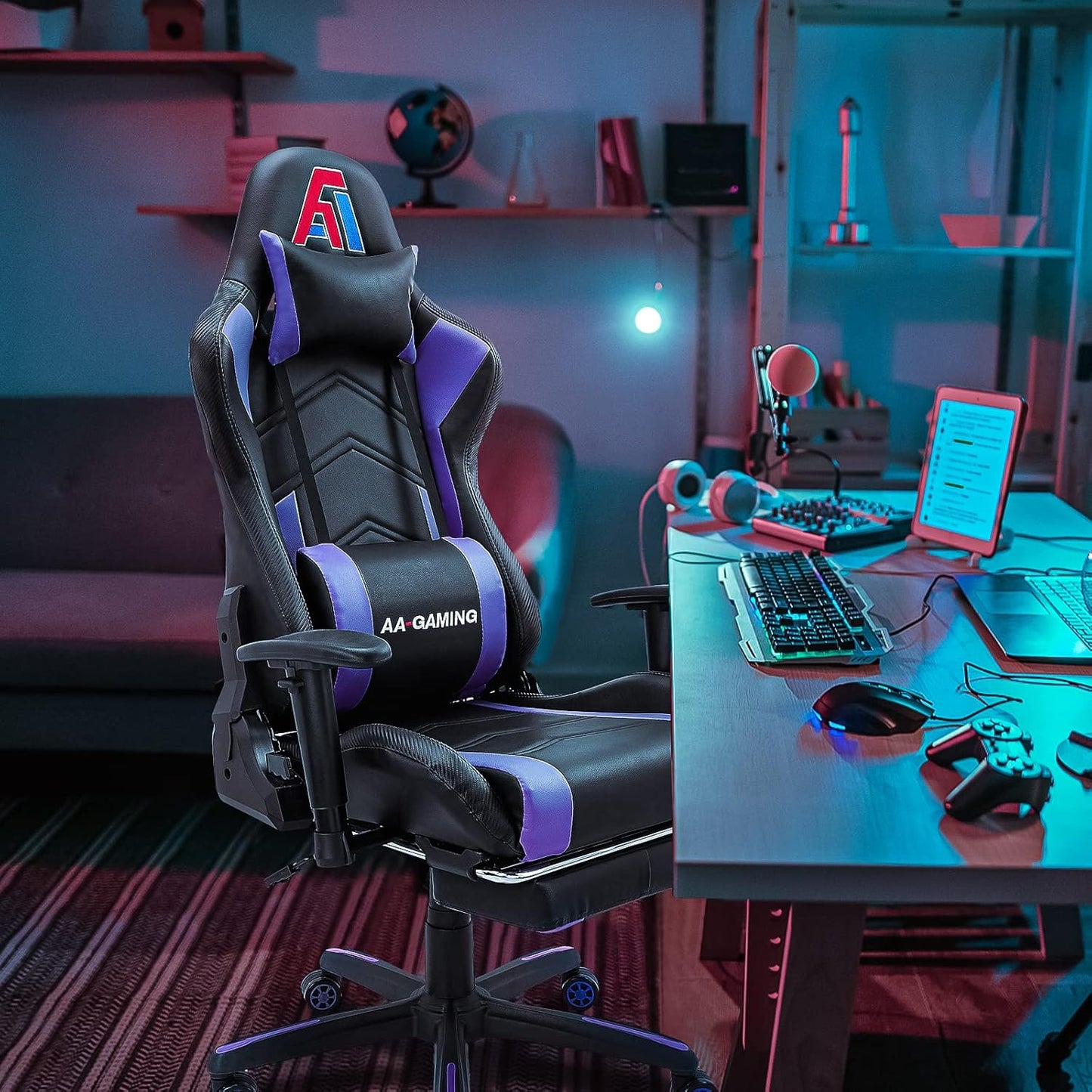 AA Products High Back Ergonomic Gaming Chair with Footrest, Lumbar Support, Swivel, Adjustable for Gamers - Black/Purple