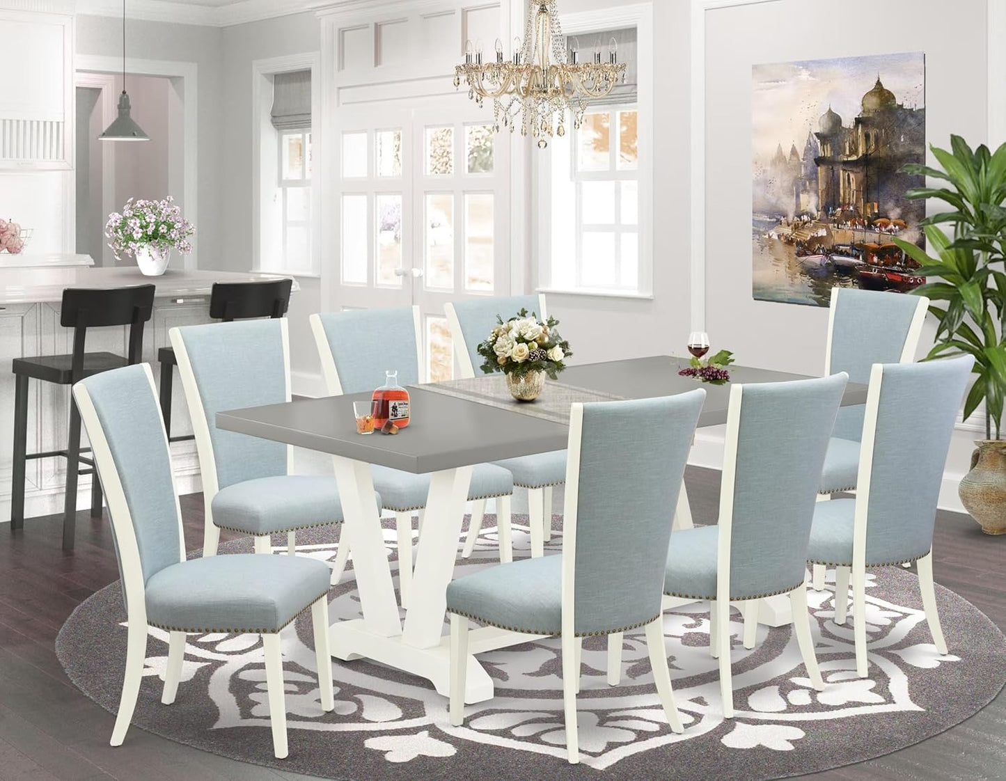 East West Furniture V097VE215-9 9 Piece Dining Set Includes a Rectangle Dining Room Table with V-Legs and 8 Baby Blue Linen Fabric Upholstered Parson Chairs, 40x72 Inch, Multi-Color