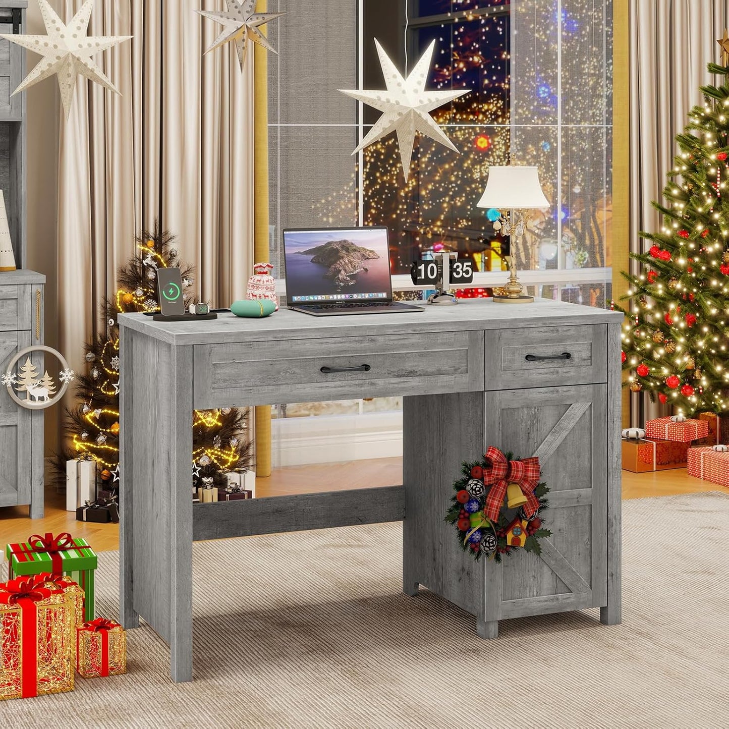 Farmhouse 47" Executive Desk, Computer Desk with Drawers and Storage Cabinet, Workstation Computer Desk for Home Office and Study.(Grey)