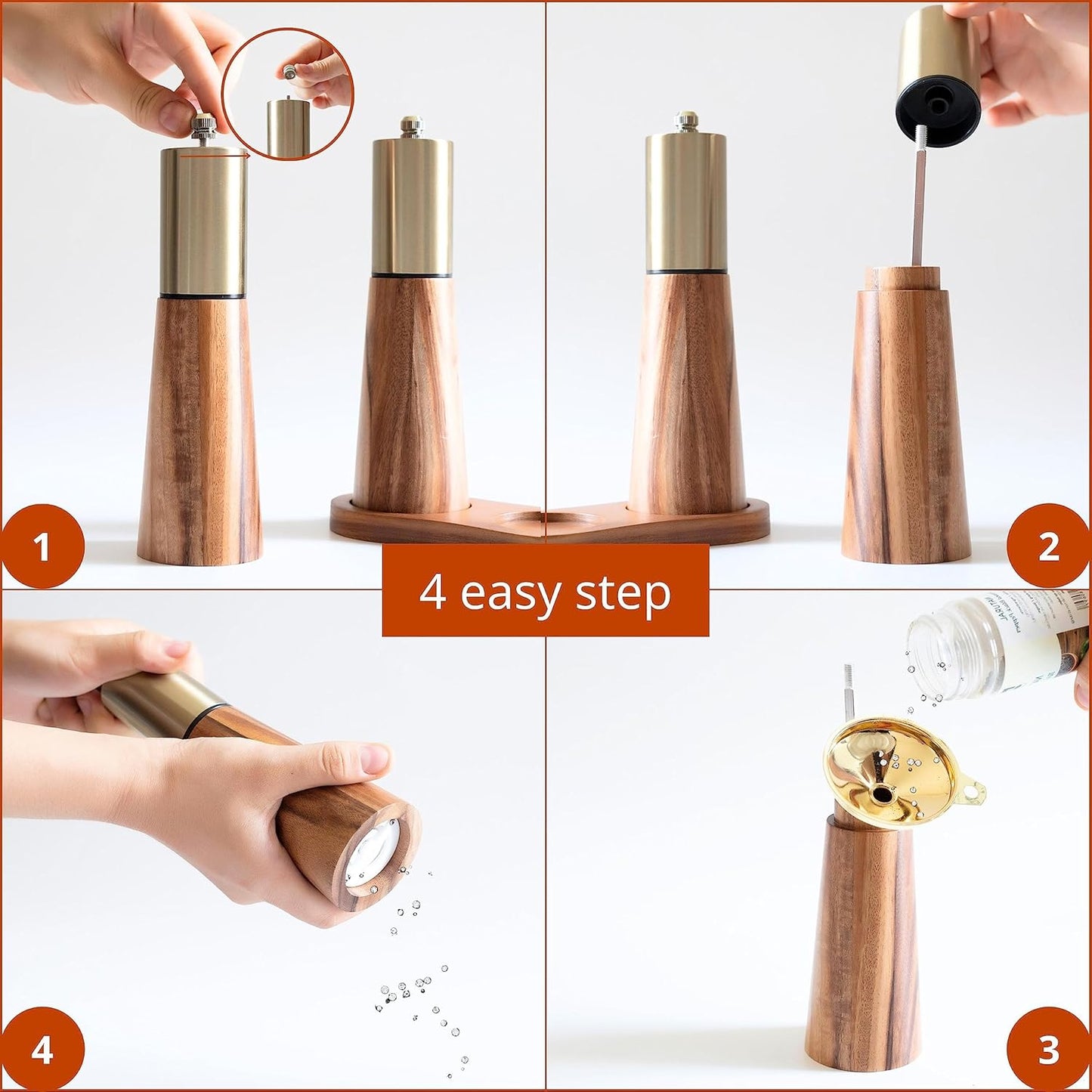Gold Salt and Pepper Grinder Mill Set With Wood Base, Free Gold Funnel,Stainless Steel Manual Salt Shaker and Pepper Mill,Adjustable Thickness,Suitable For Kitchen (Salt & Pepper Grinder)