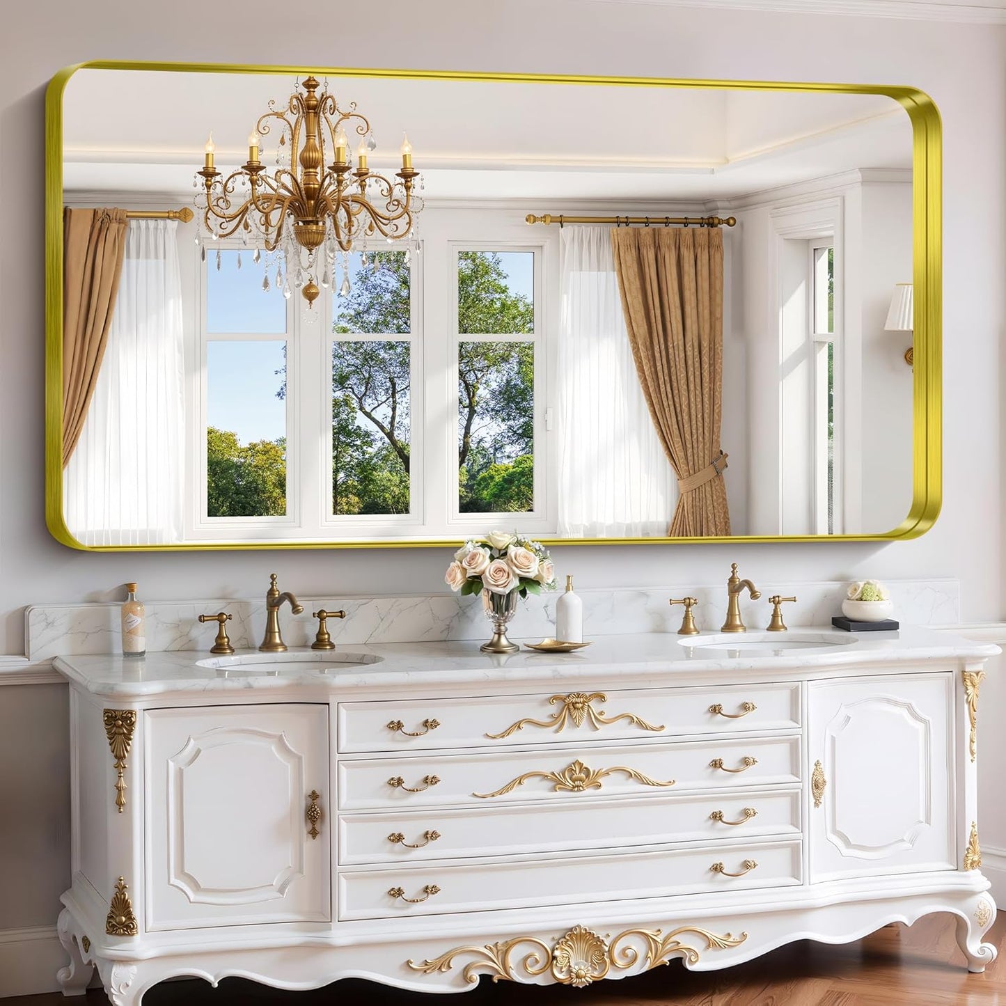 FORBATH 72x36 Inch Oversized Bathroom Mirror for Double Sinks, Brushed Gold Deep Frame Full Length Wall Mirror with Rounded Corners, Anti-Rust Tempered Glass(Horizontal/Vertical)