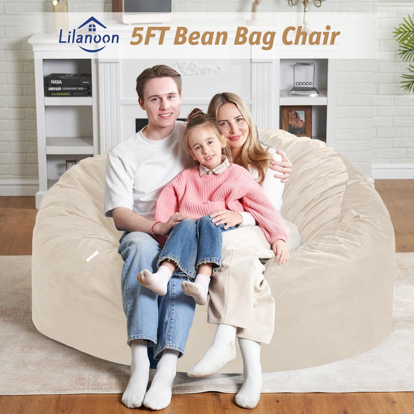 5FT Bean Bag Chair with Ultra Soft Velvet Cover Bean Bag Sofa with Memory Foam Bean Bag Chairs with Large Size Lazy Sofa for Dorm Office Living Room Bedroom Beige 5'