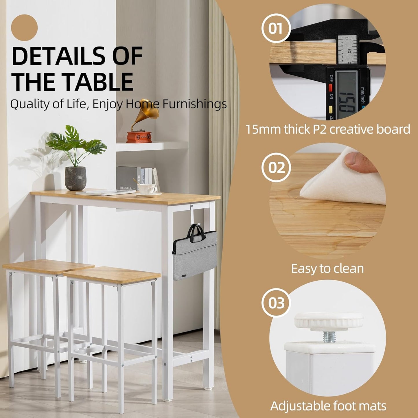 Finnhomy Bar Table Set, 39.3" Pub Table High Top Table, Rectangular Bar Height Table, Bar Table with Stools, Kitchen Table Set for 2, Breakfast for Kitchen, Living Room, Oak Beige and White