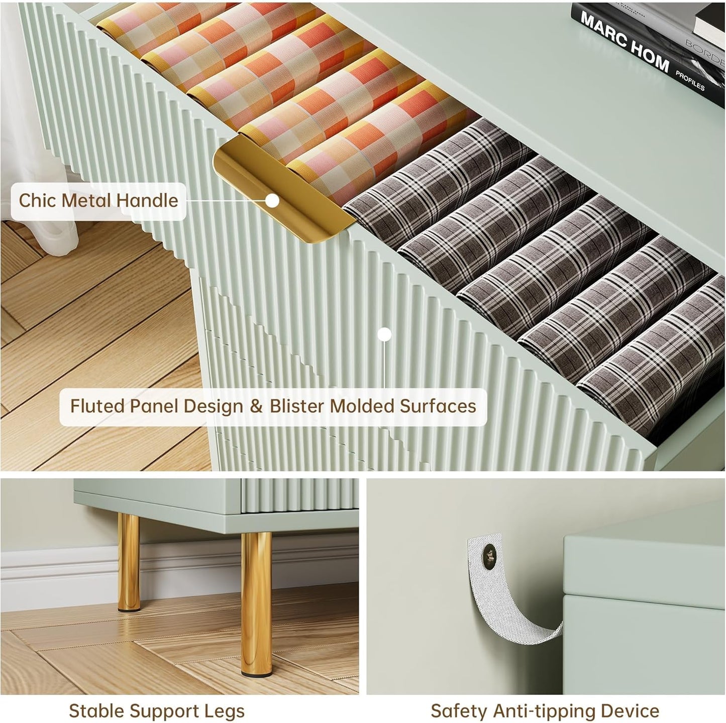 Green Dresser, Modern 6 Drawer Dresser for Bedroom with Gold Handle and Large Drawer, Wood Double Chest of Drawers and Storage Organizer for Living Room, Hallway, Entryway