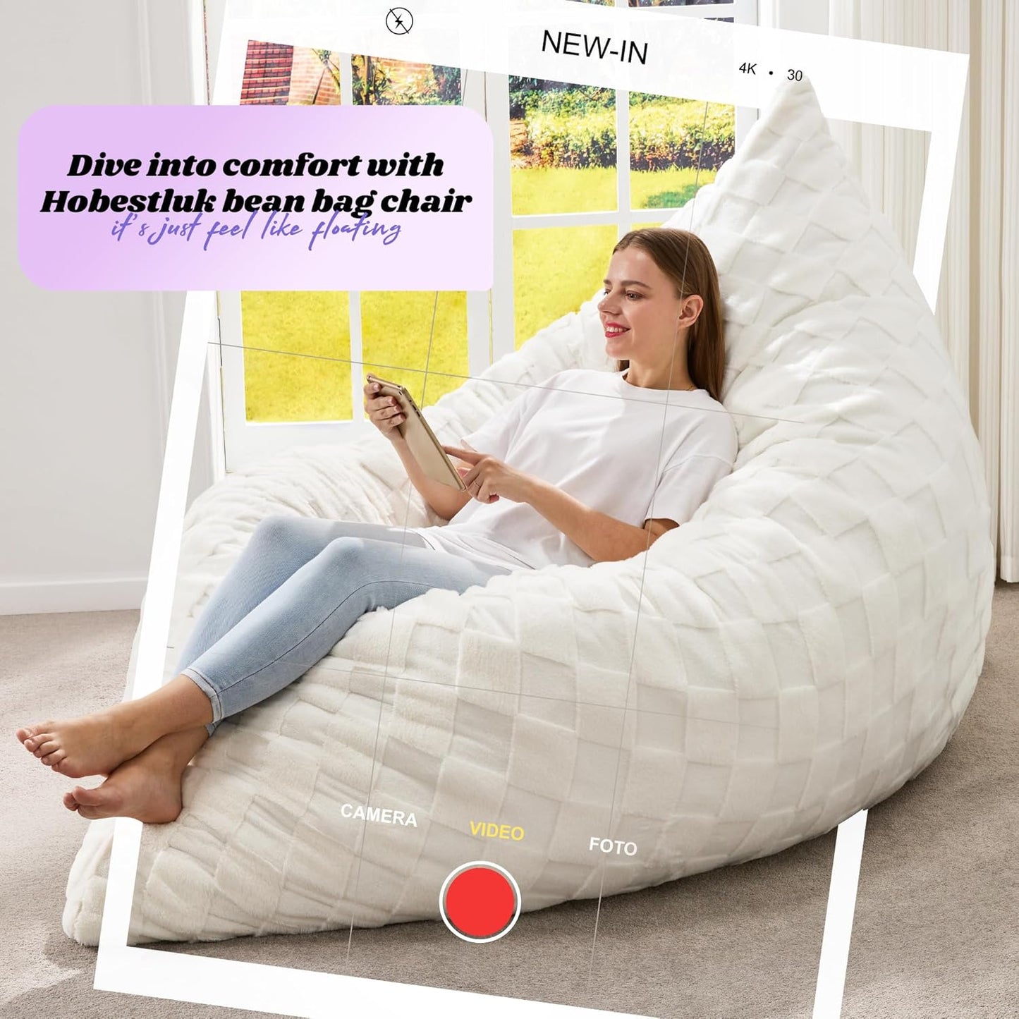 Hobestluk 3 in 1 Bean Bag Chair Giant Bean Bag Chairs for Adults with Plaid Cover Convertible Bean Bag Floor Cushion with Machine Washable Cover for Living Room (Plaid White)