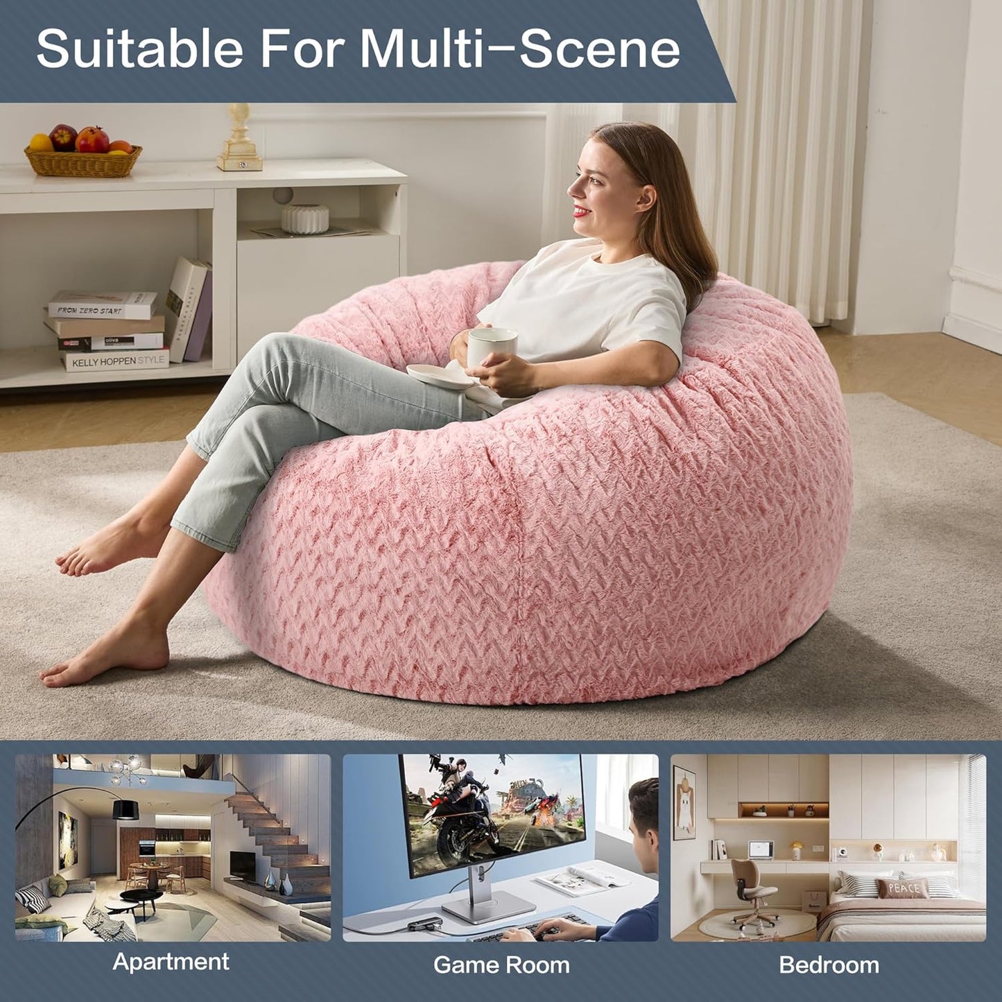 4ft Bean Bag Chairs for Adults Large Beanbag Chair with Chevron Plush Fur Cover Big Bean Bag Chair for Living Room Bedroom Dorm (Pink)