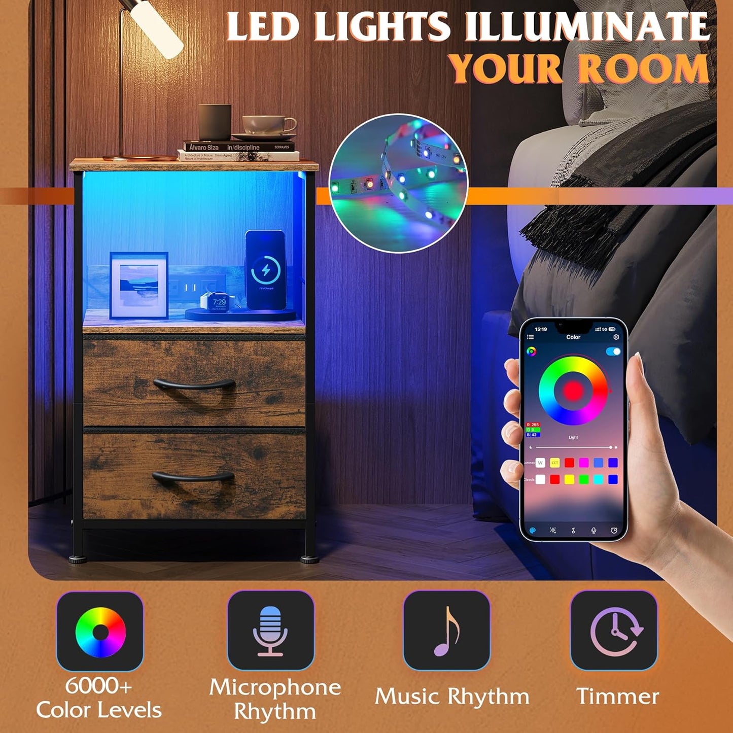 WLIVE Night Stand with Charging Station, LED Nightstand with 2 Fabric Drawers and Storage Shelf, Small Bedside Tables for Small Spaces, Dresser for Bedroom, Rustic Brown