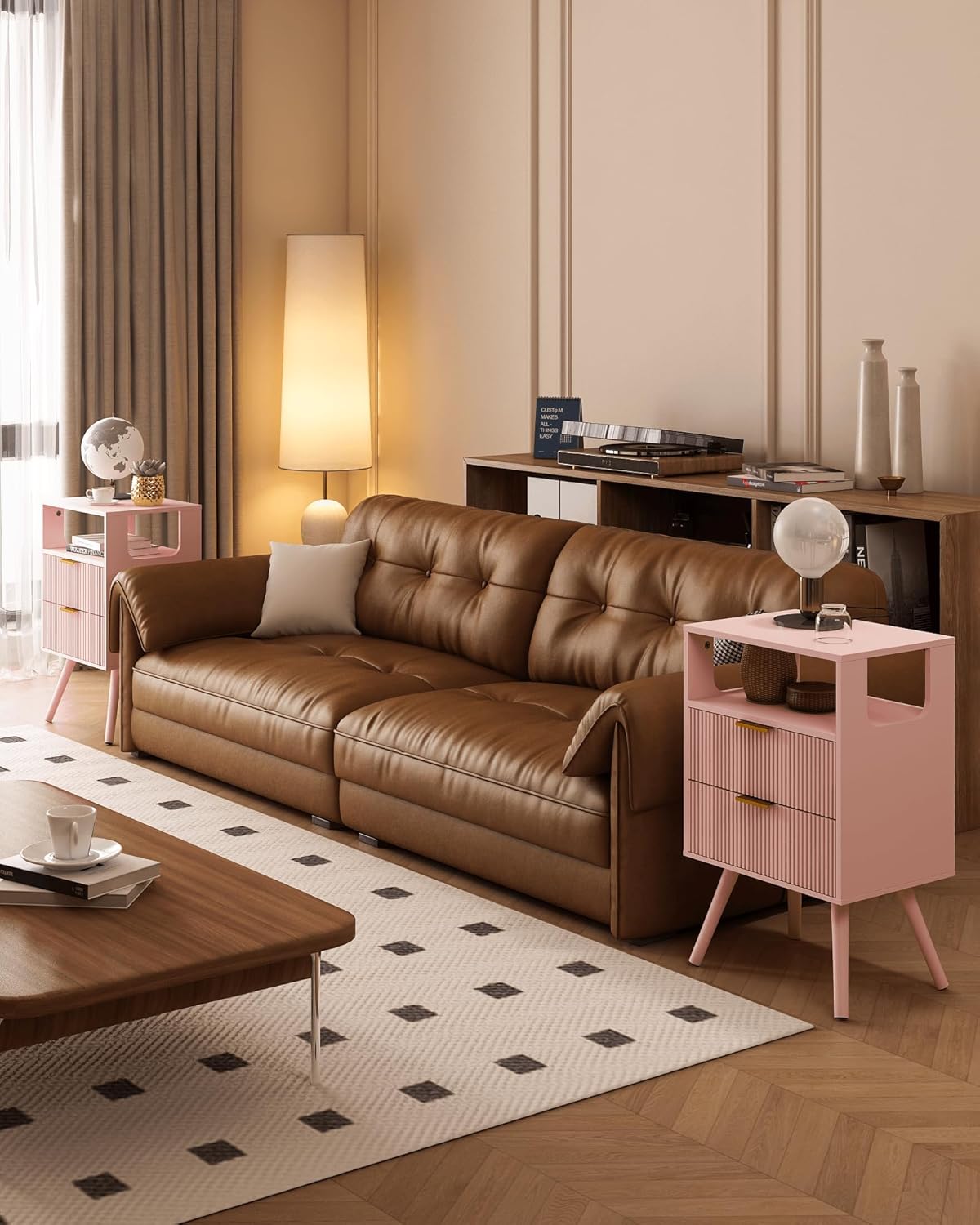 Pink Nightstand,Modern Bedside Table with 2 Storage Drawer and Open Wood Shelf, for Bedroom and Small Spaces,Night Stand with Solid Wood Legs