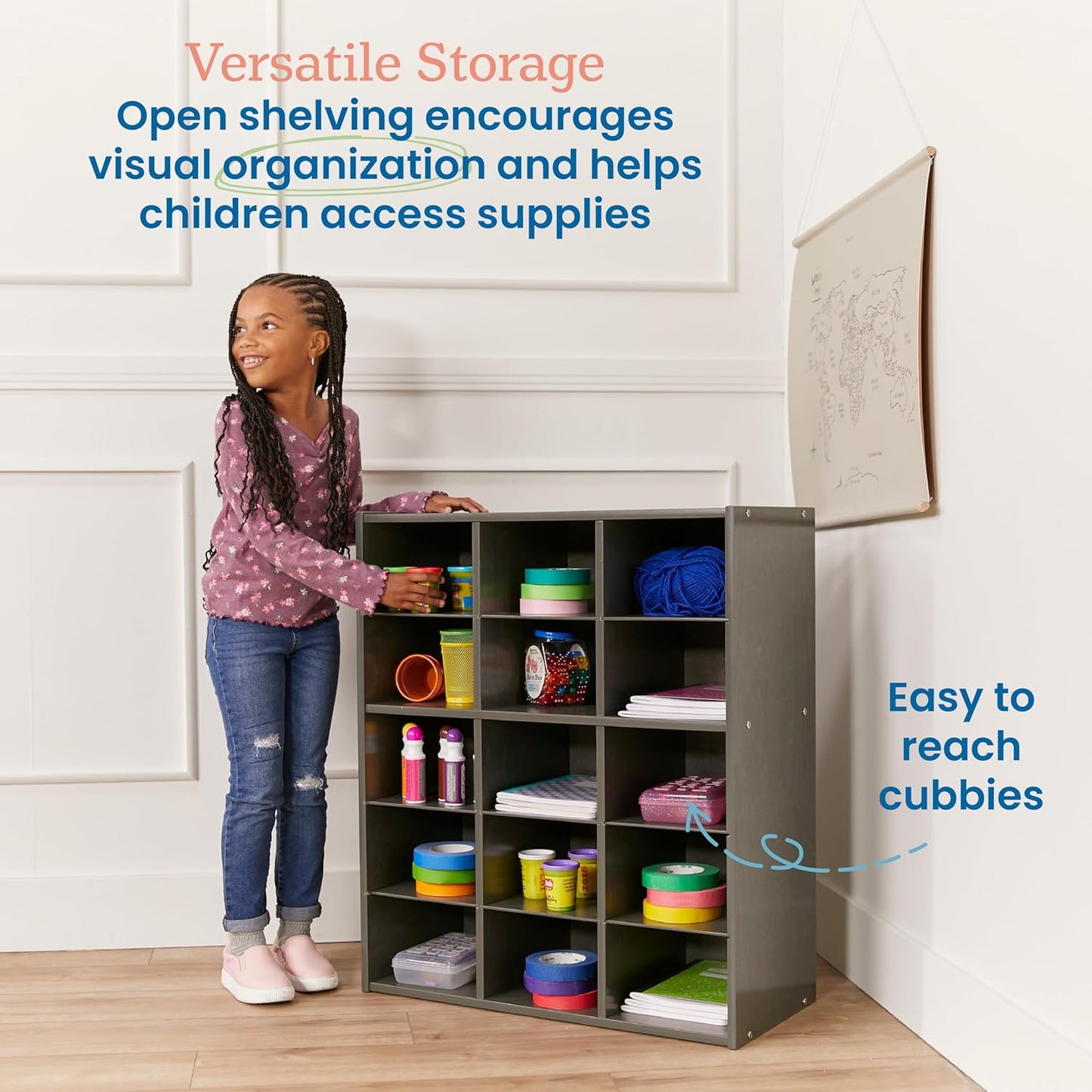 ECR4Kids Streamline 15 Cubby Tray Storage Cabinet, 5x3, Classroom Furniture, Grey Wash