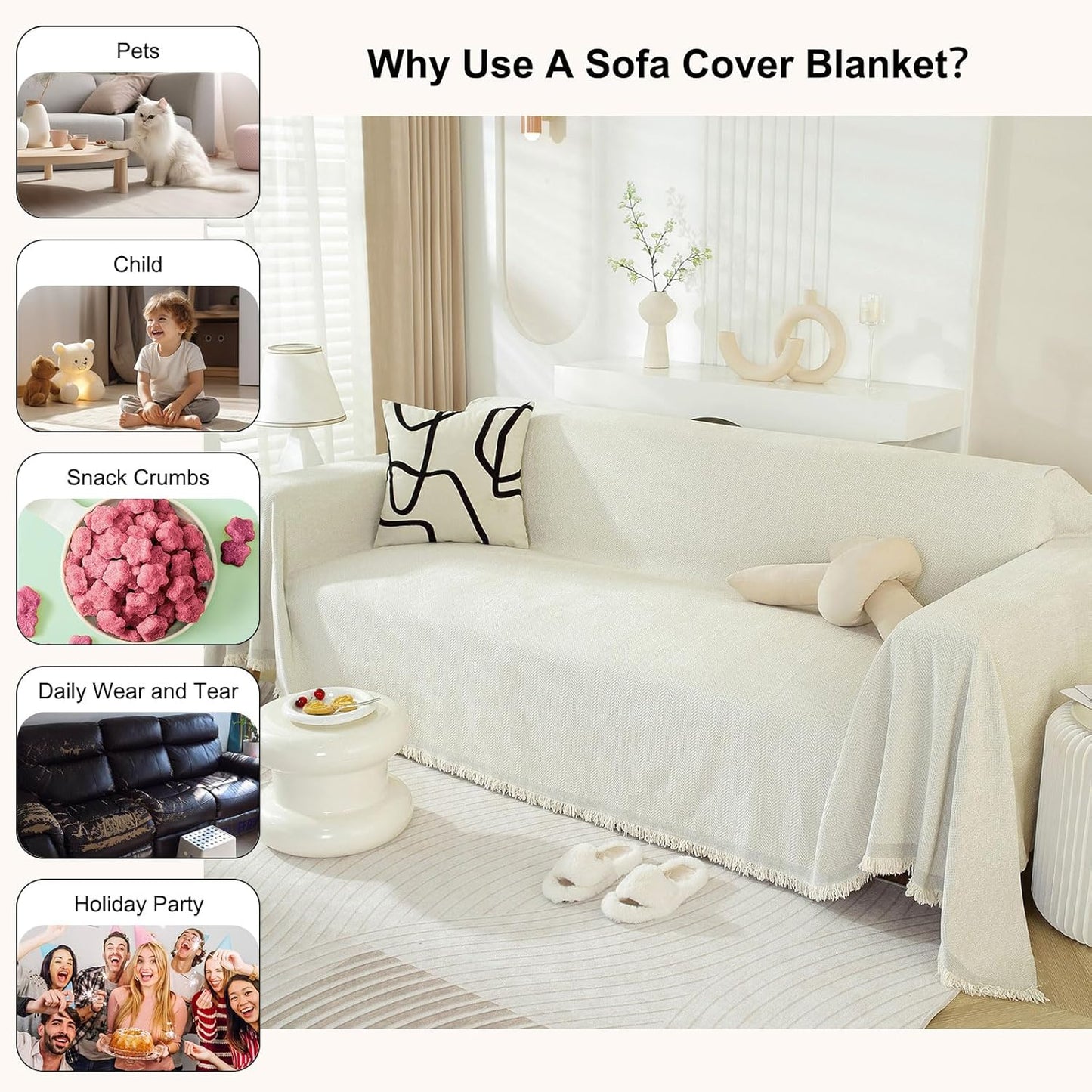 STACYPIK Modern Beige Couch Covers for Dogs Cats Thick Chenille Ivory White Sofa Cover Sofa Slipcover Furniture Protector for 3 Cushion Couch with Tassel Non-Silp Futon Cover Sofa Protector-71X150IN