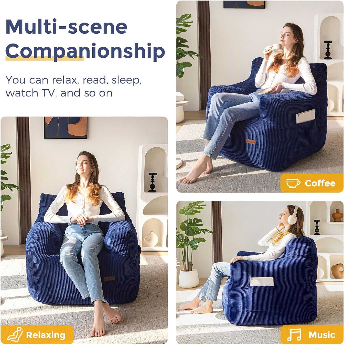 MAXYOYO Bean Bag Chair, Tufted Bean Bag Couch Lazy Chair, Living Room Sofa Couch with Filler for Adult Teens Kids, Corded Fabric Accent Sofa for Bedroom Dorm, Navy