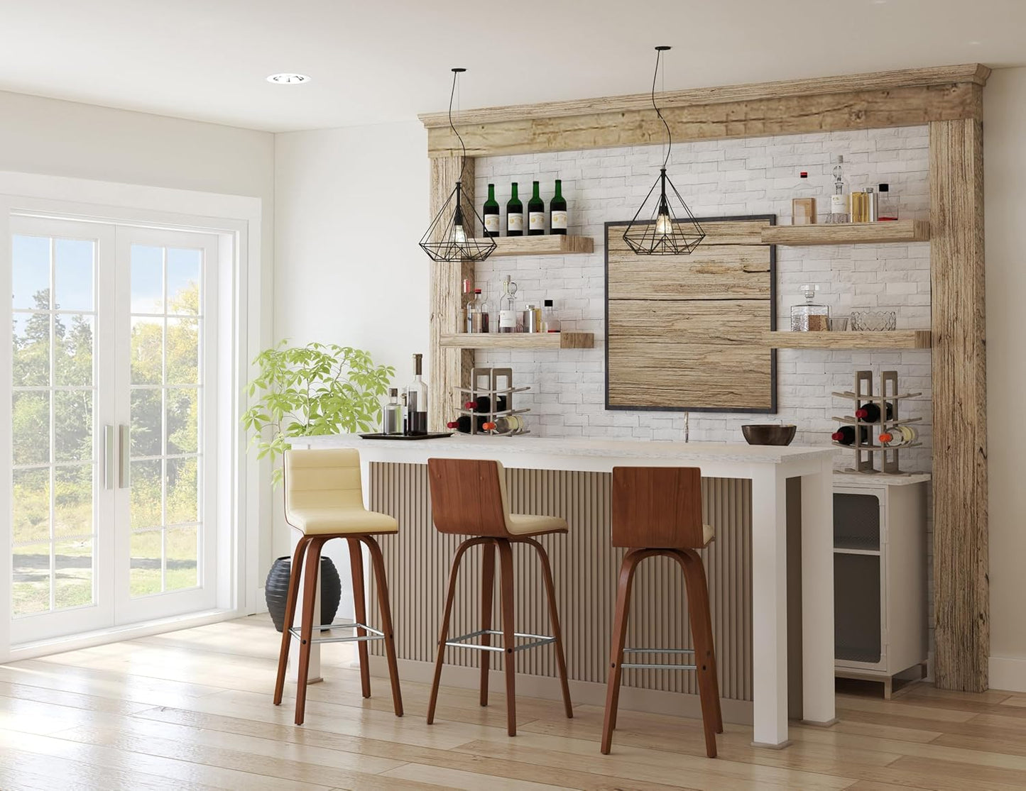 Vienna 30" Swivel Bar Stool in Walnut Wood Finish with Cream Faux Leather - Set of 3