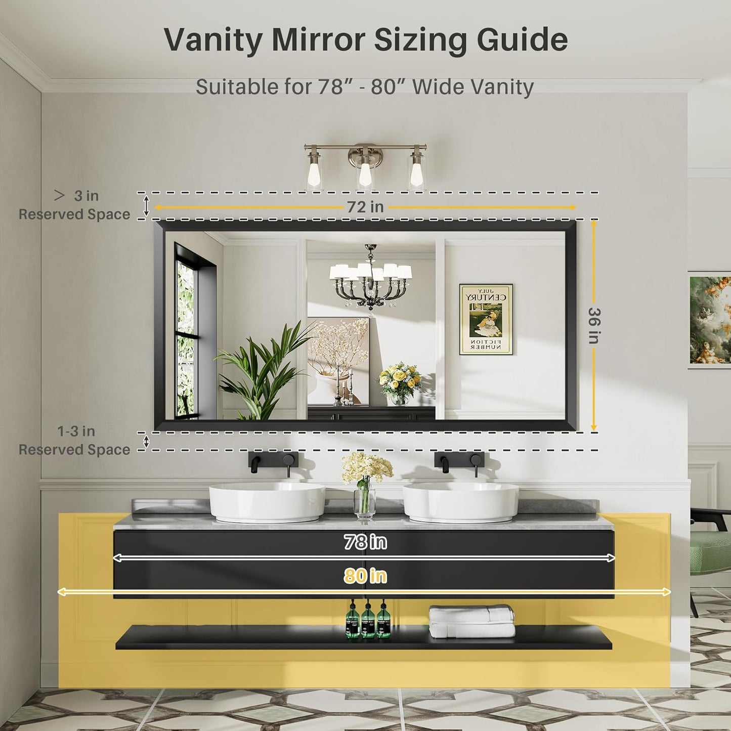 72x36 Inch Black Bathroom Mirror for Wall, Thick Metal Framed Rectangle Mirrors for Over Sink, Bedroom, Living Room, Entryway, Anti-Rust, HD Tempered Glass