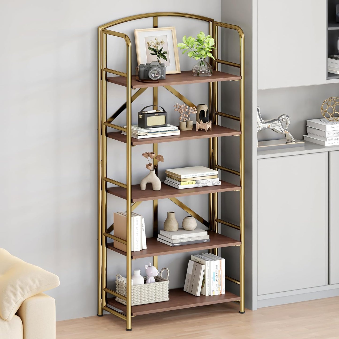 No-Assembly Folding Gold Bookshelf Storage Shelves 5 Tiers Vintage Multifunctional Plant Flower Stand Storage Rack Shelves Bookcase for Home Office