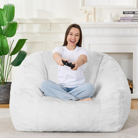 Bean Bag Chairs for Adults, Giant Beanbag Sofa Comfy Reading Chair, Oversized Bean Bag Chairs for Living Room Bedroom, Soft Faux Fur Fabric, 3.2FT, Light Grey, Plush