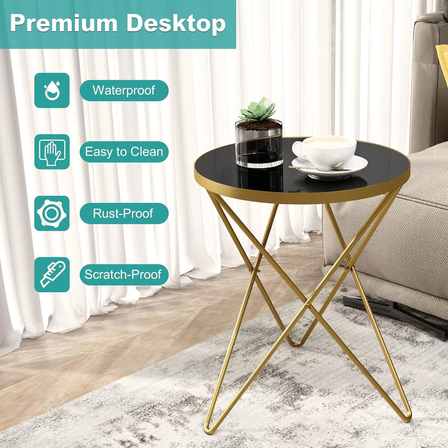 HLR Modern Round Side Table, End Table with Marble Effect Top and Gold Metal Frame, Small Side Table for Living Room, Bedroom, Sofa and Couch, Gold Legs, Black Glass top