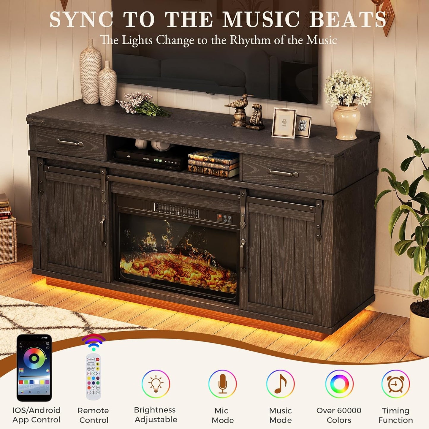 59'' Fireplace TV Stand with 3D Flame Electric Fireplace Heater, 34'' Tall Farmhouse TV Stand for 65 Inch TV, Entertainment Center TV Console with 2 Drawers, Sliding Barn Door for Living Room - Black