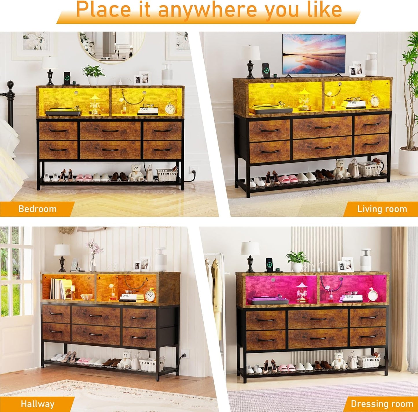 Dresser for Bedroom, 6 Drawers Led Dresser TV Stand with Power Outlets and LED Lights, Long Fabric Dressers Wide Chest of Drawers with Large Organizer Shoe Rack for Living Room, Entryway