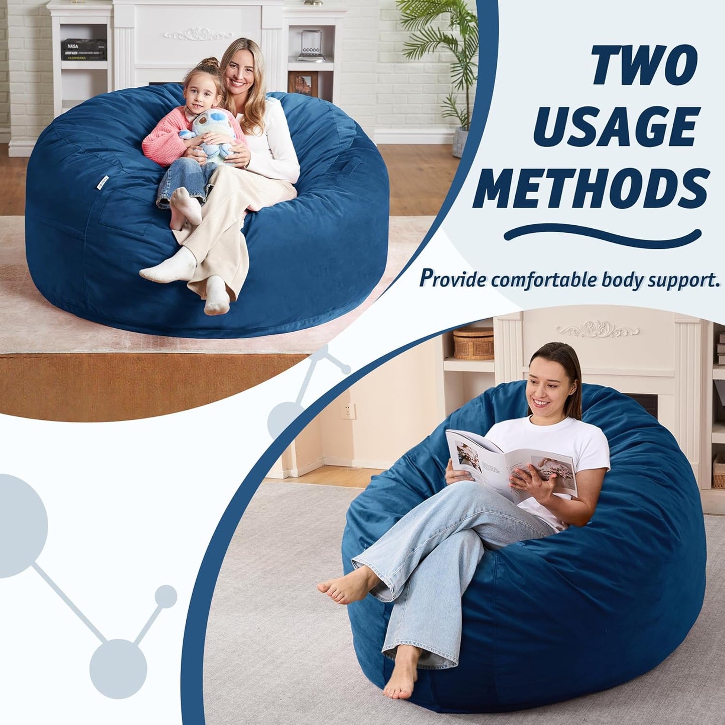 5FT Bean Bag Chair with Ultra Soft Velvet Cover Bean Bag Sofa with Memory Foam Bean Bag Chairs with Large Size Lazy Sofa for Dorm Office Living Room Bedroom Blue 5'