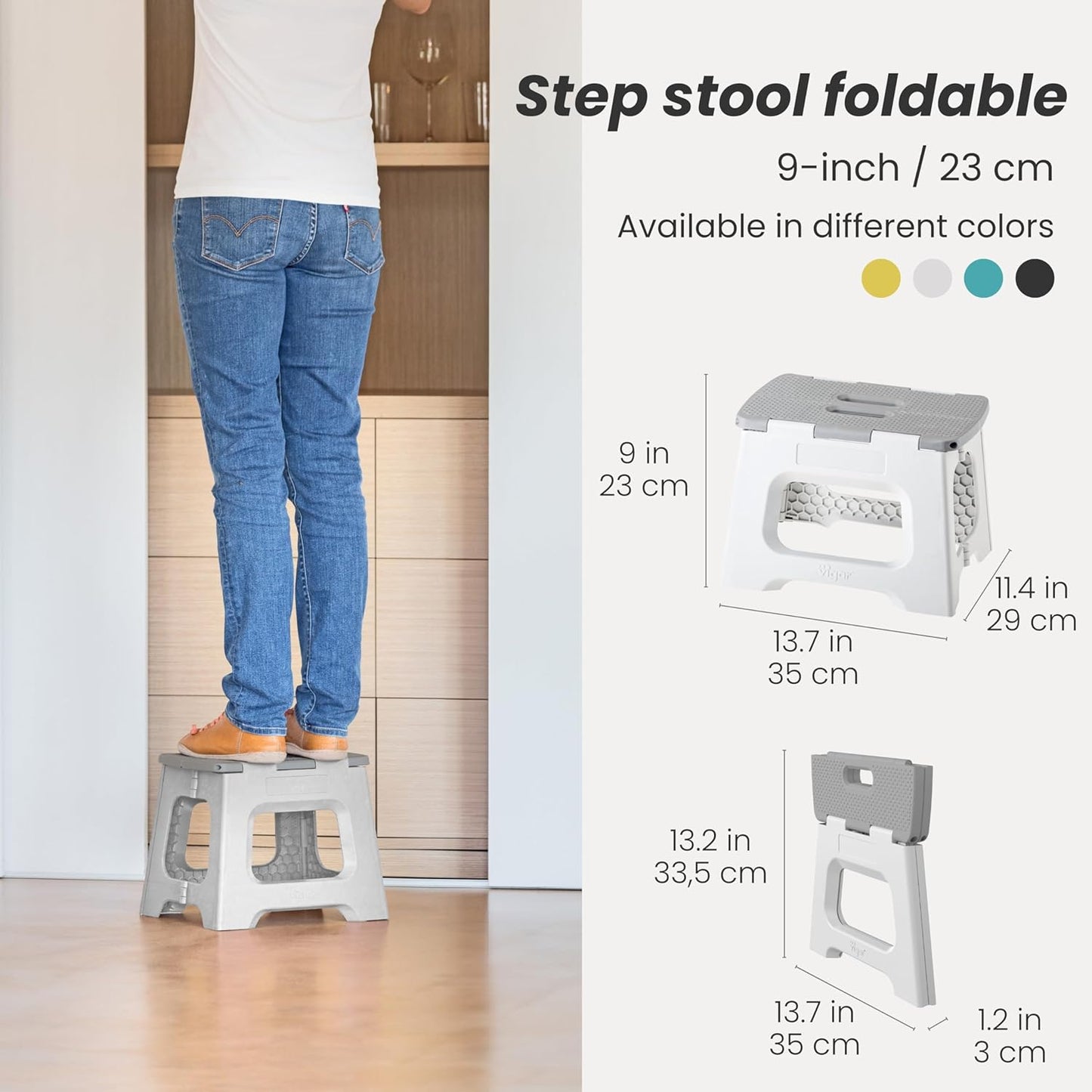 Vigar Compact Step Stool Foldable, 9-inch Step Stools for Adults up to 330 Pound, Lightweight Stool, Non-Slip Folding Step Stool, Gray