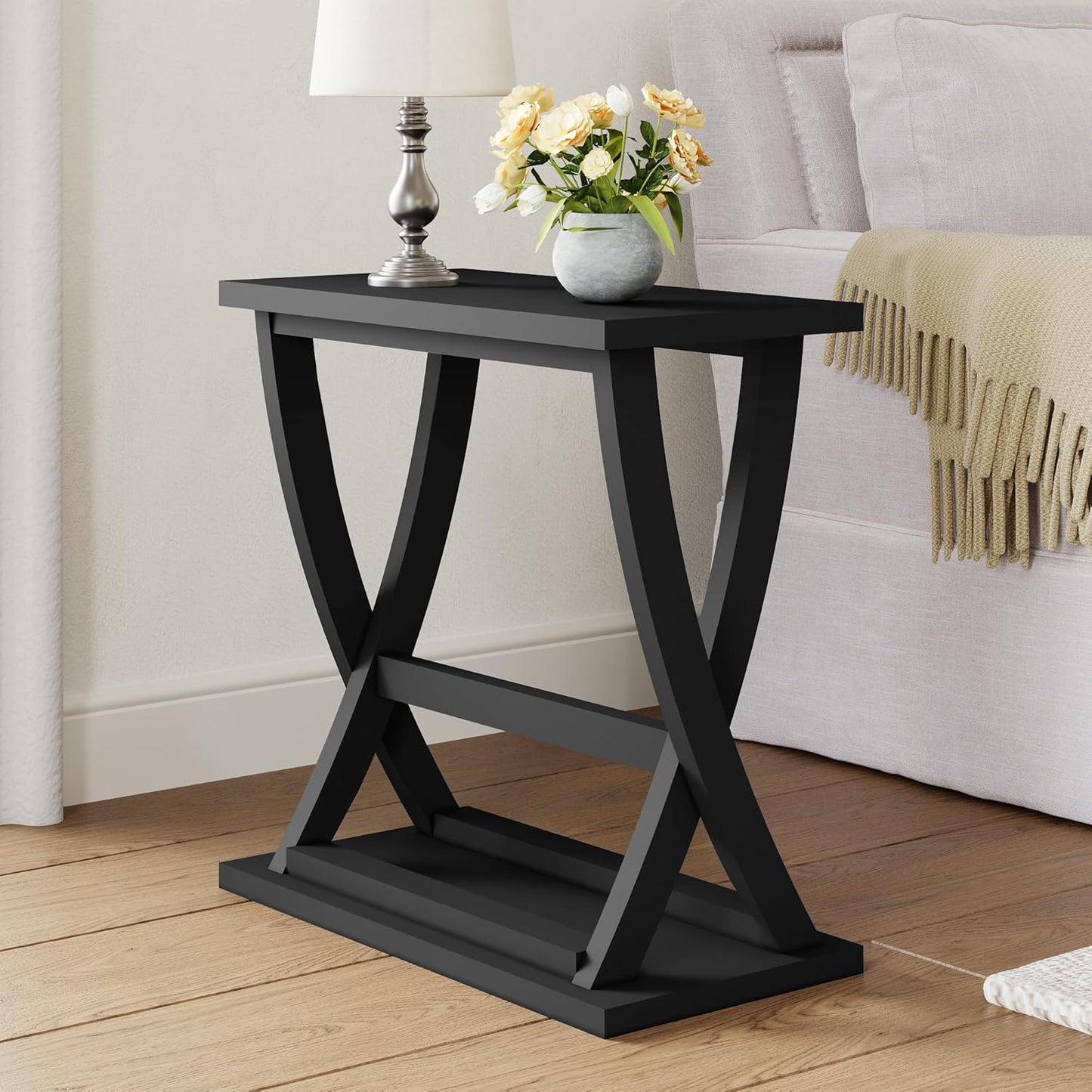 ChooChoo Black End Tables Living Room Set of 2, Narrow Side Table with Storage Shelf, Modern X-Design Slim End Table for Living Room, 11.8" D*23.6" W*23.4" D