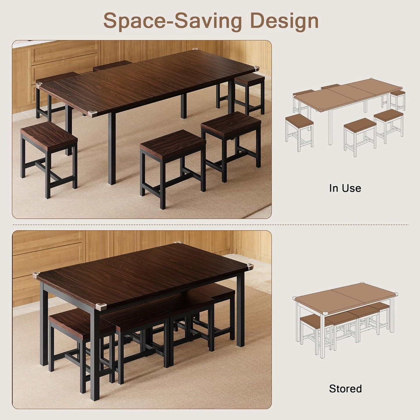 7-Piece Dining Table Set, 63" Extendable Kitchen Room Table with 6 Stools, Mid Century Modern Dinner Table with Metal Frame & MDF Board, Space-Saving, Easy Assembly, Espresso