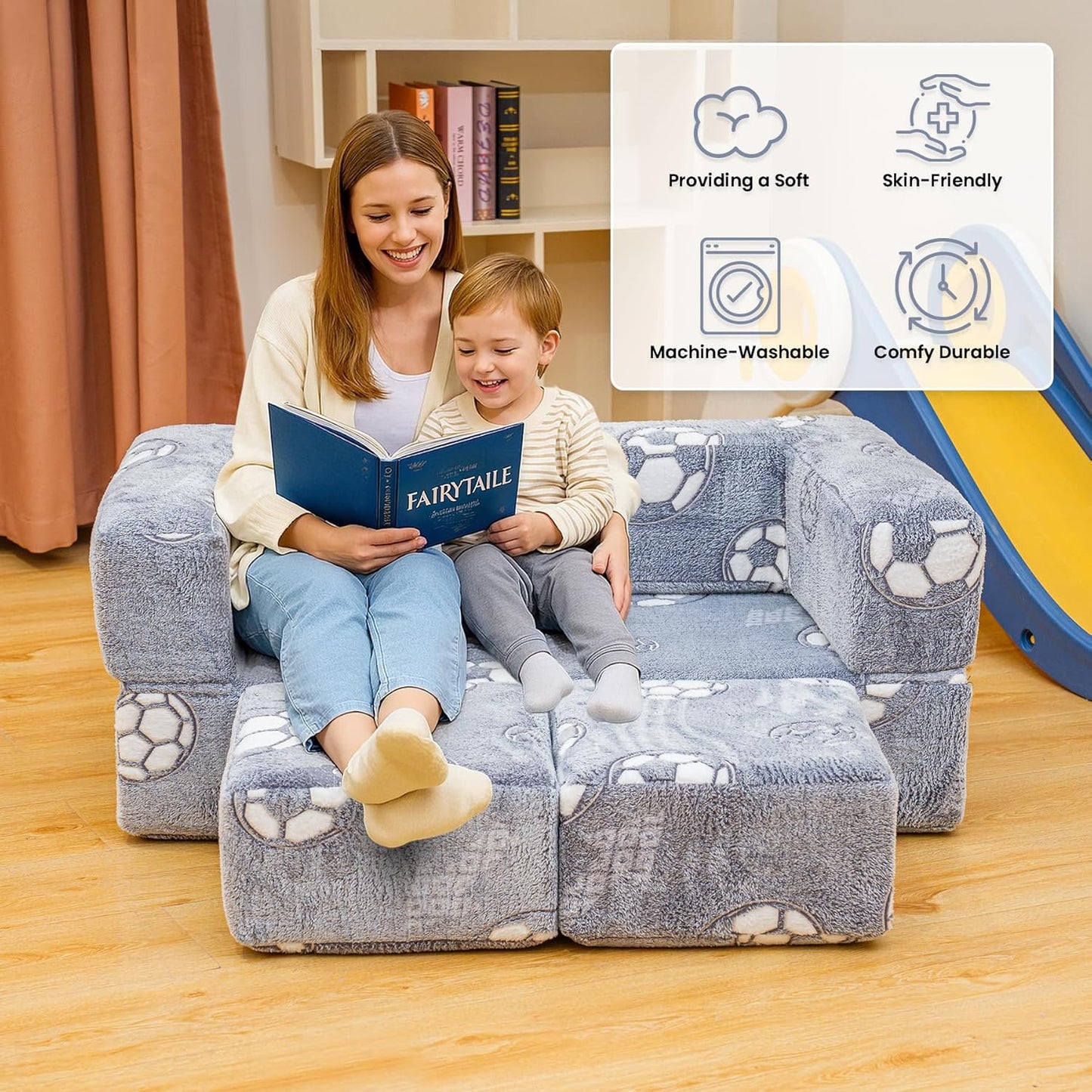 Lamerge Toddler Couch Glow in The Dark Toddler Fold Out Couch for playroom, Convertible Baby Fold Out Play Foam and Floor Cushion for Bedroom (Grey+Football)