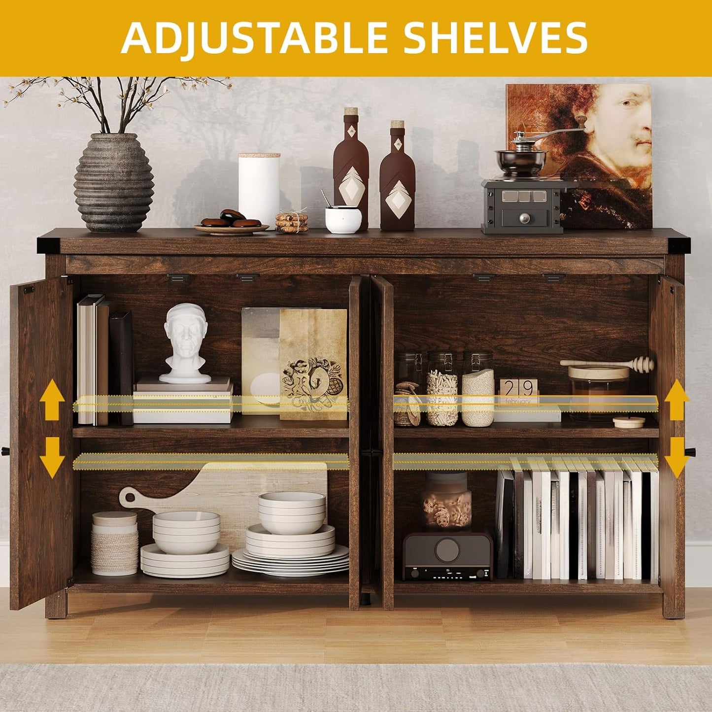 DWVO Farmhouse Sideboard Buffet Cabinet with Storage, 55'' Kitchen Storage Cabinet with Doors, Large Coffee Bar Cabinets with Adjustable Shelves for Kitchen, Living Room, Brown