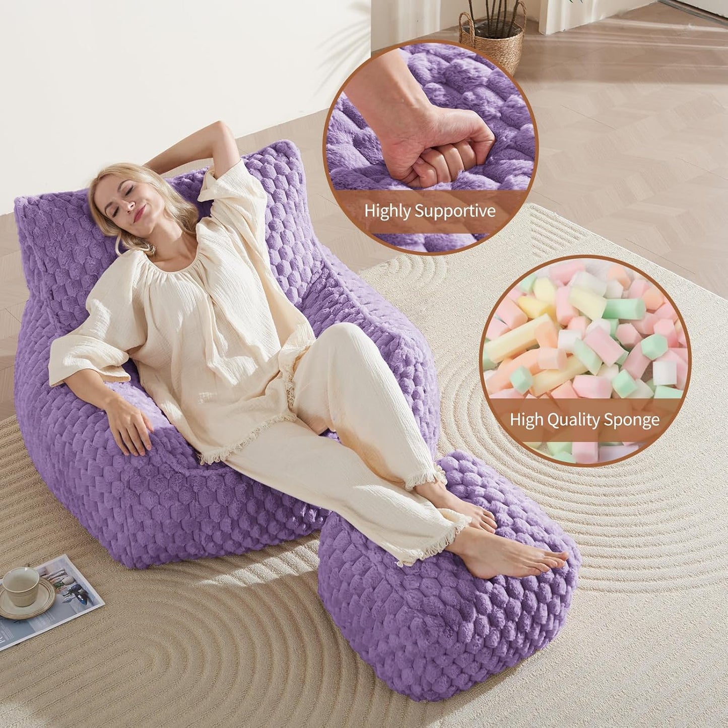 Bean Bag Chair with Ottoman - Modern Comfy Beanbag Sofa with Footrest, Soft Faux Fur Lounger Chair for Adults Teens, Cozy Memory Foam Filled Gaming Reading Chairs for Bedroom, Living Room (Purple)