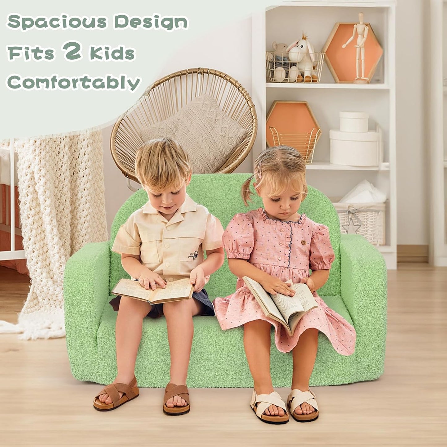 Extra Wide Kids Couch, 2-in-1 Soft Toddler Couch with Blanket, Comfy Toddler Chair, Convertible Sofa to Lounger, Gifts for Kids Girl Boys, Green