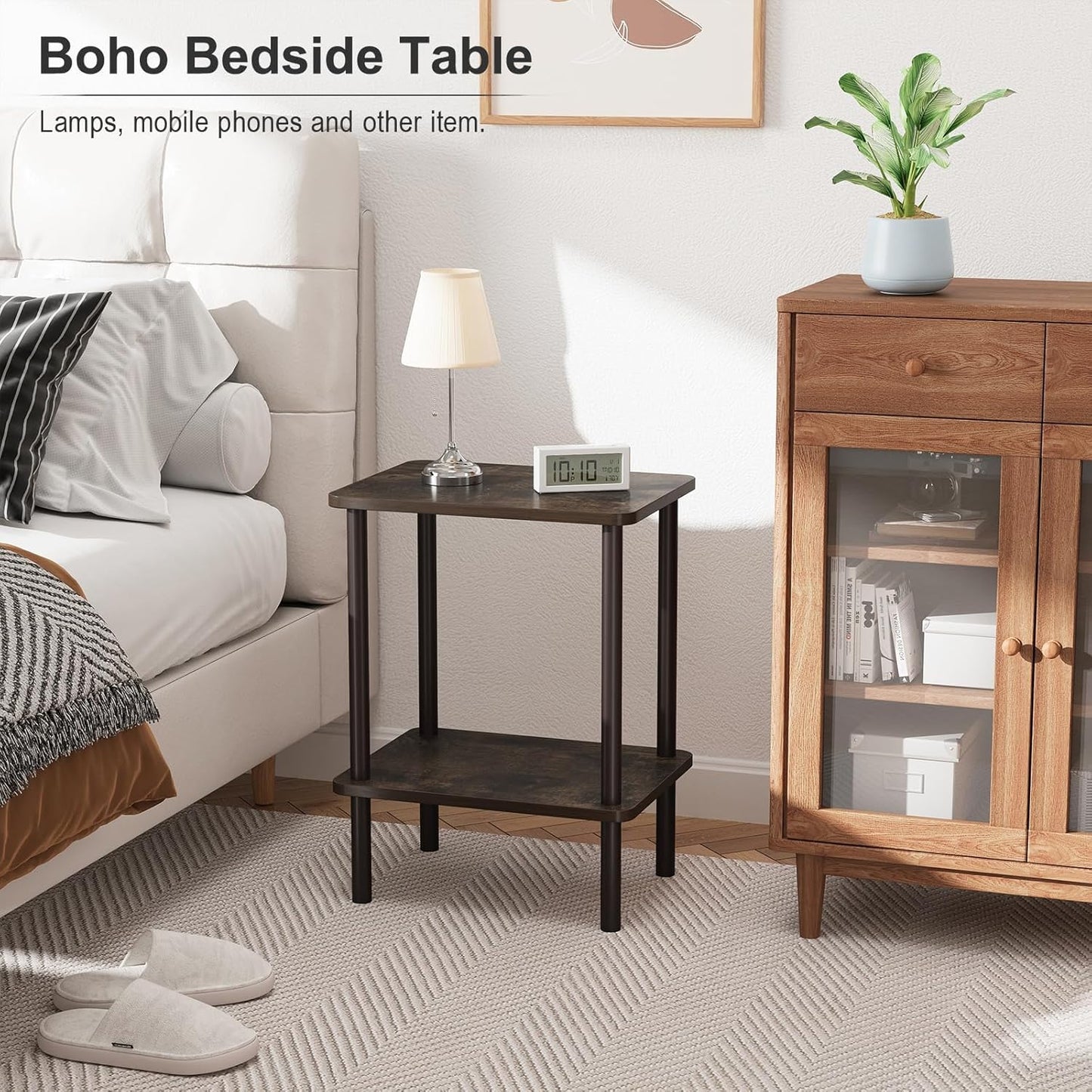 Apicizon 2 Tier End Table Set of 2, Small Side Table with Solid Wood Legs, Boho Bedside Table with Storage Shelf, Nightstand for Small Spaces, Bedroom, Living Room, Entryway, Rustic Oak