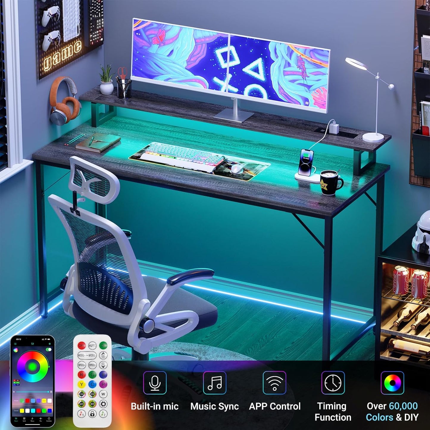 47 inch Computer Desk with Power Outlets, Gaming Desk with LED Lights, Home Office Work Desk with Monitor Shelf, Modern Office Desk Study Writing Table for Small Spaces, Black Oak