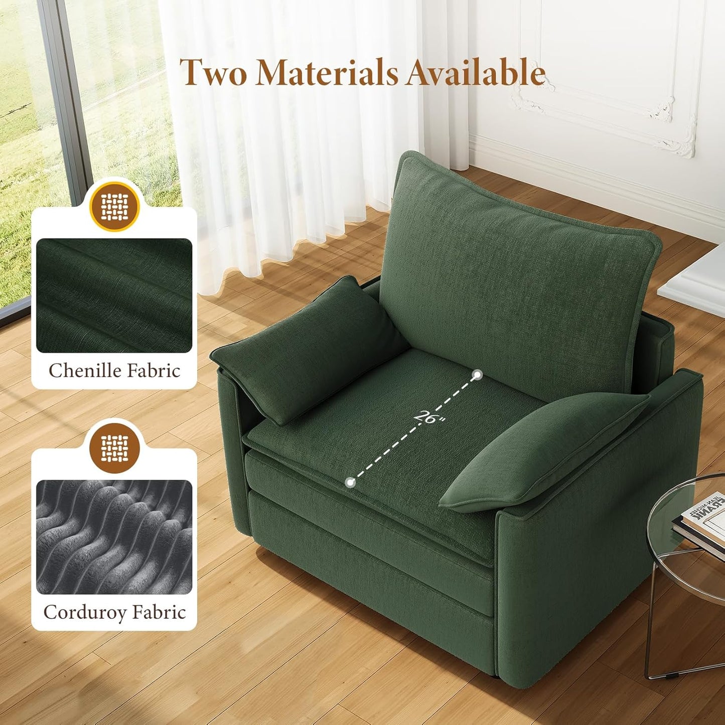 Vesgantti 40" Single Seat Sofa, Comfy Cloud Couch Deep Seat Upholstered Couch Chenille Modern Sofa with Armrest Pillow, Easy Assembly for Living Room, Bedroom and Apartment, Green