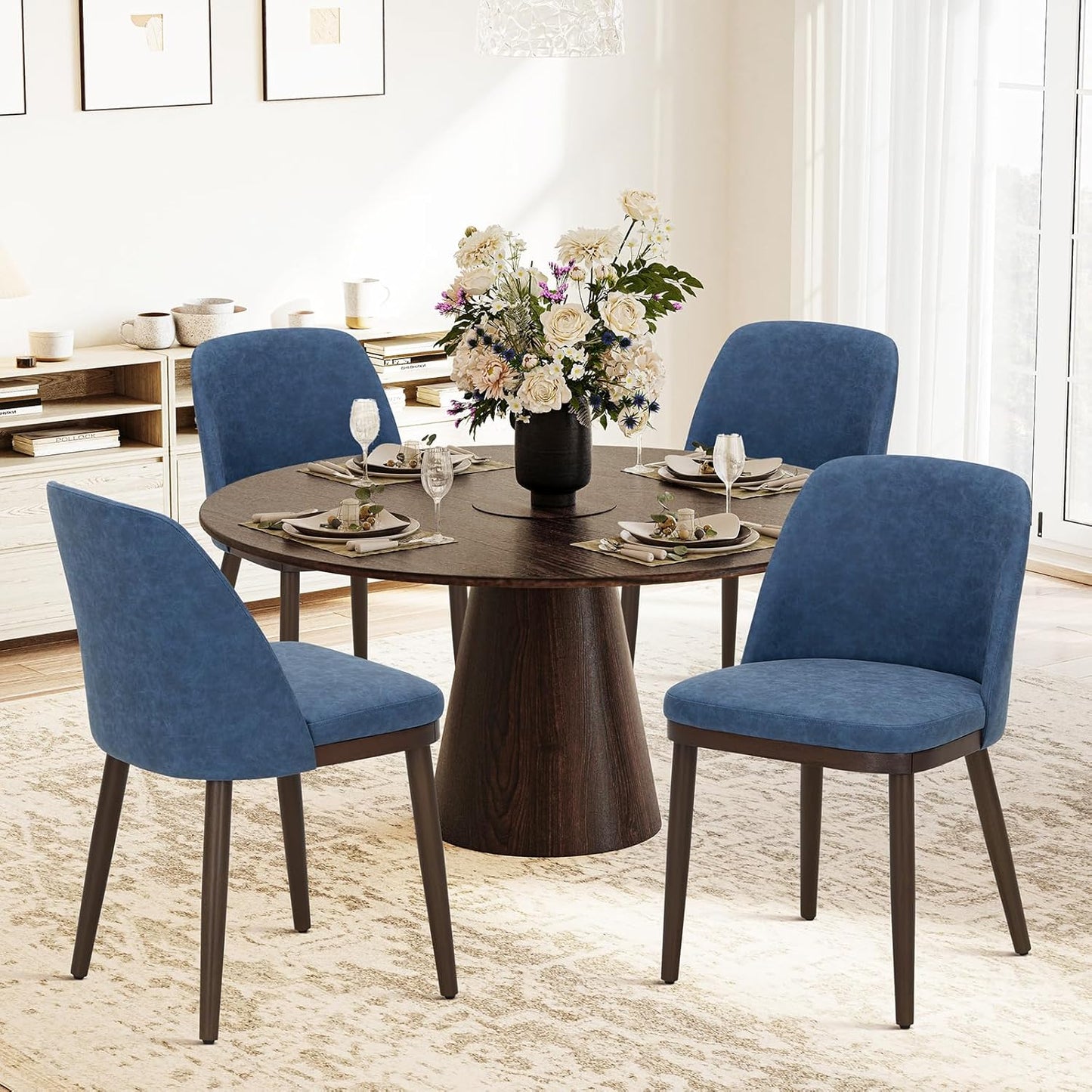 COLAMY Upholstered Dining Chairs Set of 4, Modern Kitchen Chairs with Back, Leather Side Dining Room Chairs with Wood Legs for Kitchen Dining Room Restaurant,Blue