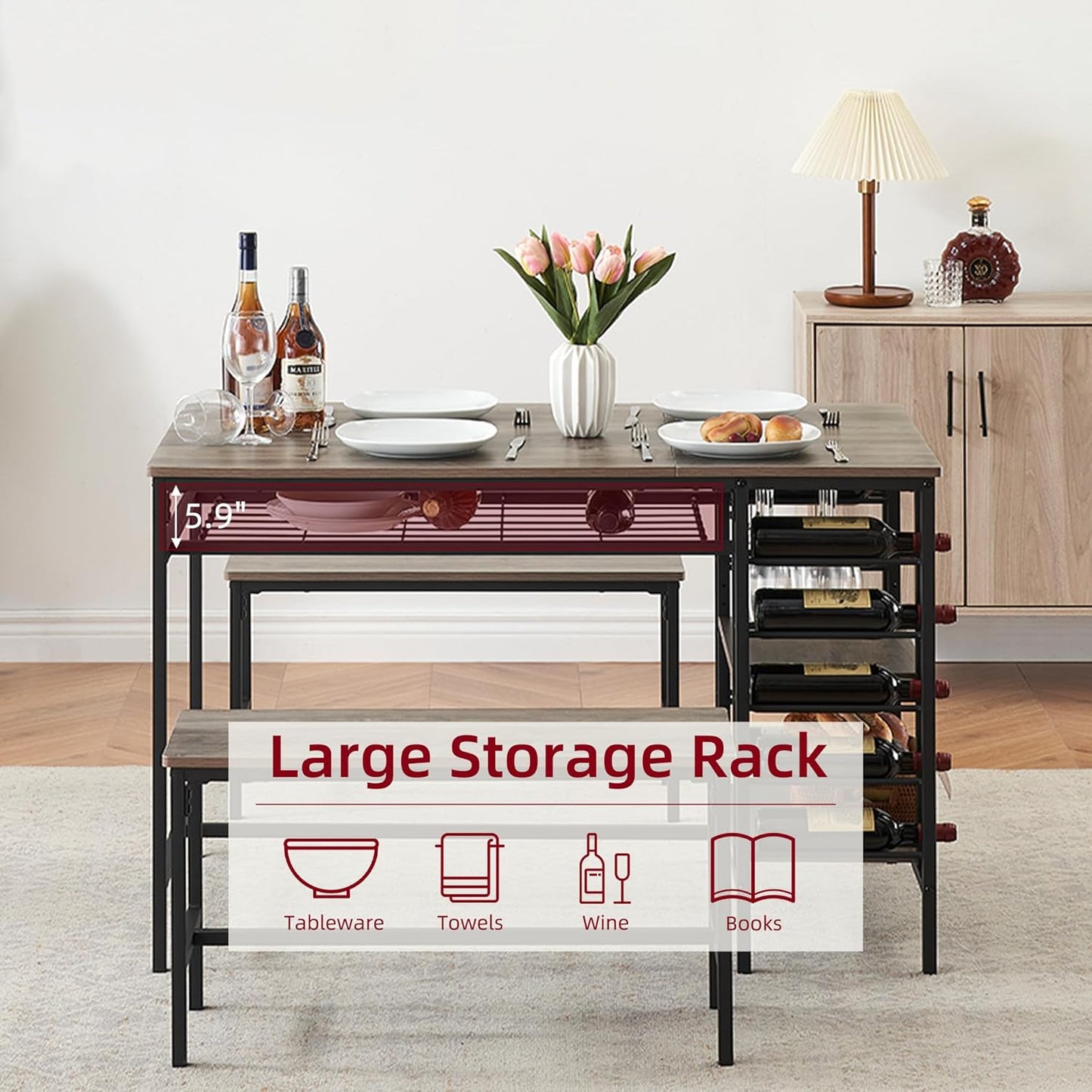 IDEALHOUSE Dining Table Set for 4, Kitchen Table Set for 4 with 2 Benches, Rectangular Dining Room Table Set with Wine Rack, 3 Piece Dining Table Set for Small Space Apartment, Grey