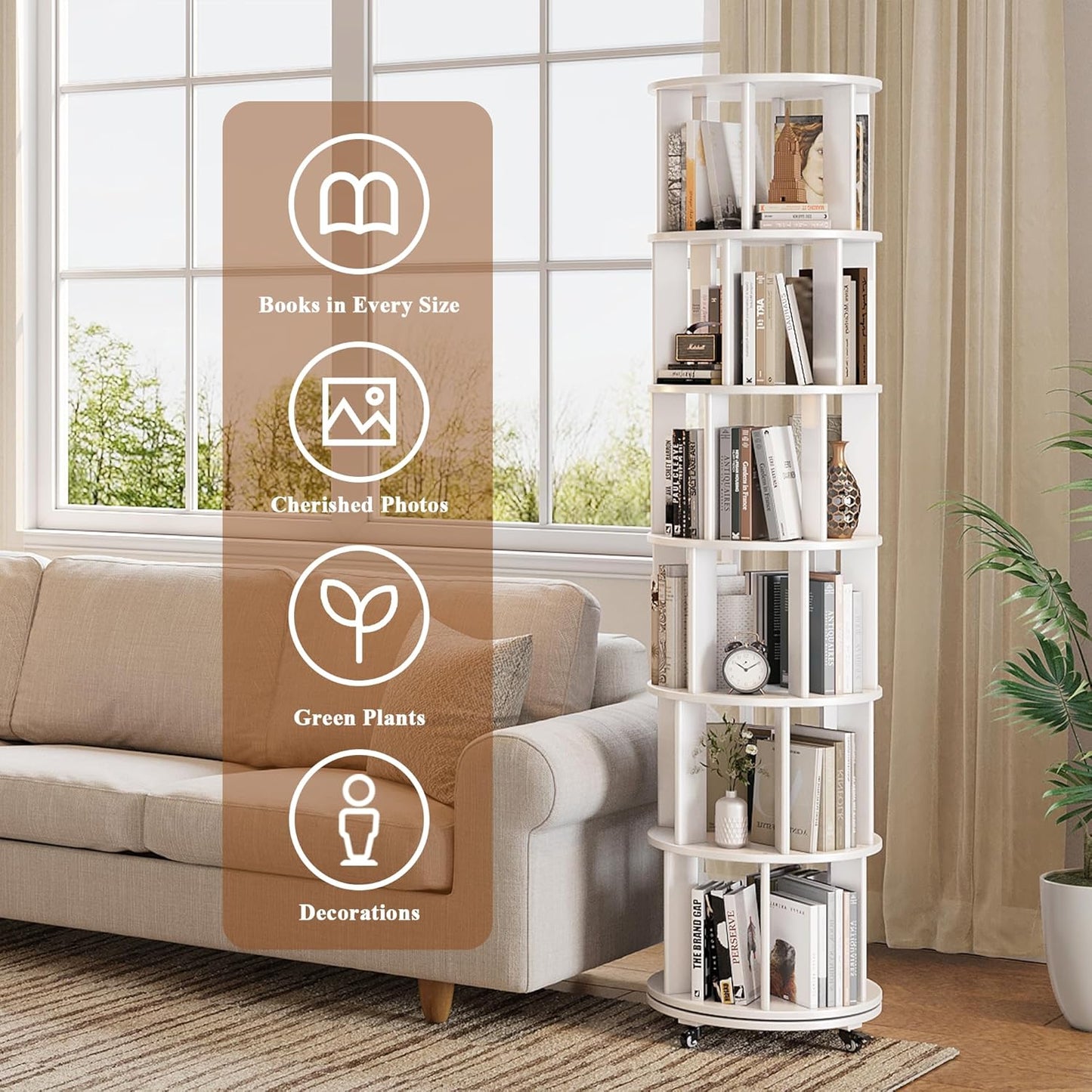 6 Tier Rotating Bookshelf Tower Spinning Bookshelf with Swivel Wheels Book Shelf Rotating Storage Tower for Kids Adult Narrow Walnut Solid Wood Revolving Bookcase Organizer for Bedroom Living Room