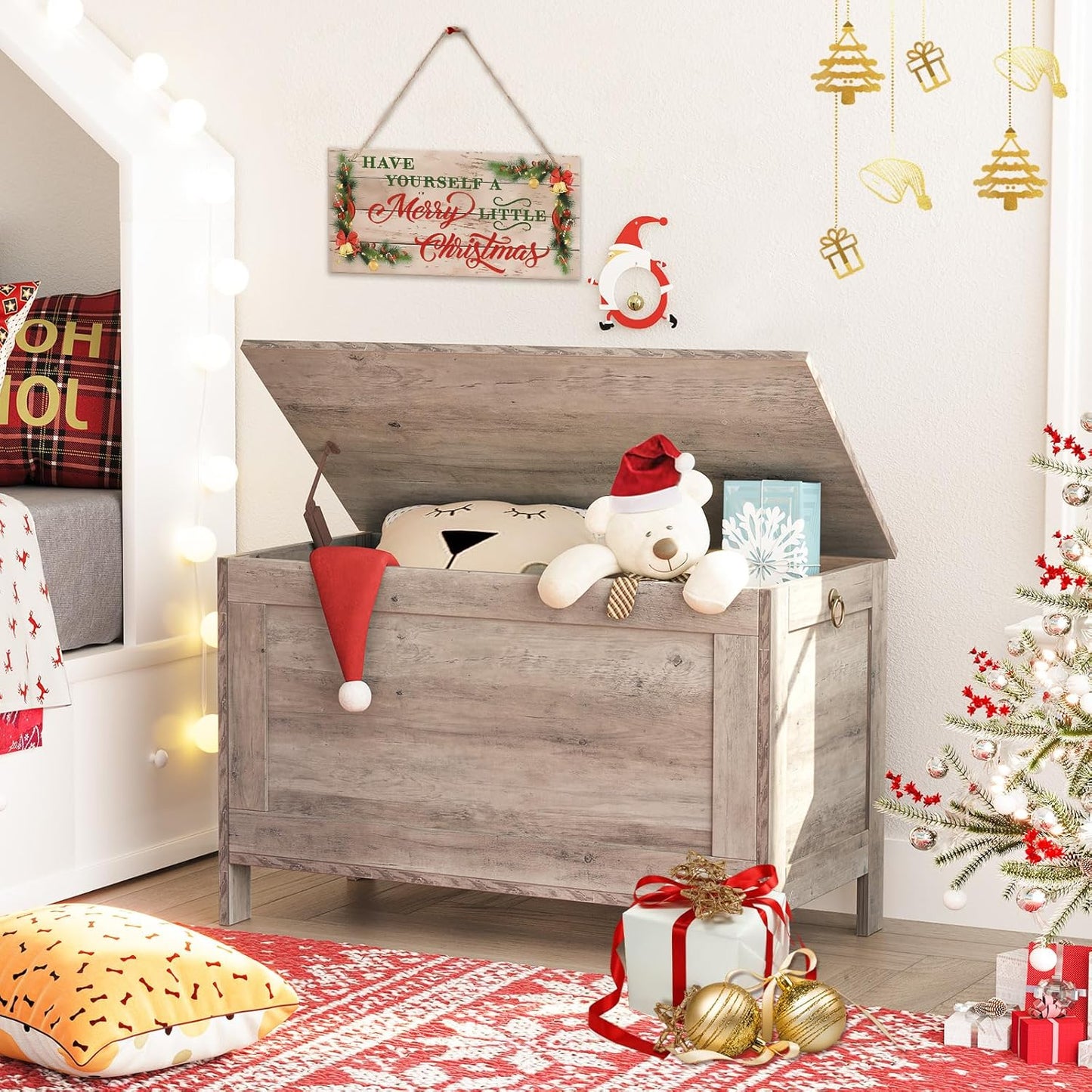 HOOBRO Toy Box, Retro Wooden Look Storage Chest with Safety Hinge, Entryway Storage Bench Supports 220 lb, 29.9 x 15.7 x 18.9 Inches Toy Chest Organizer, Easy Assembly (Greige) BG75CW01G1