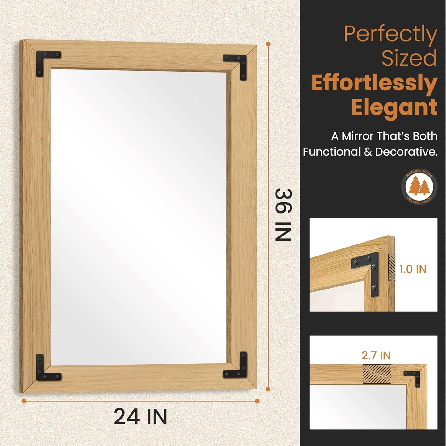 Bathroom Mirror for Wall with Wooden Frame, 36"x24" Solid Wood Vanity Mirror for Farmhouse, Bathroom, Bedroom Decor, Vertical or Horizontal Hanging(Natural)