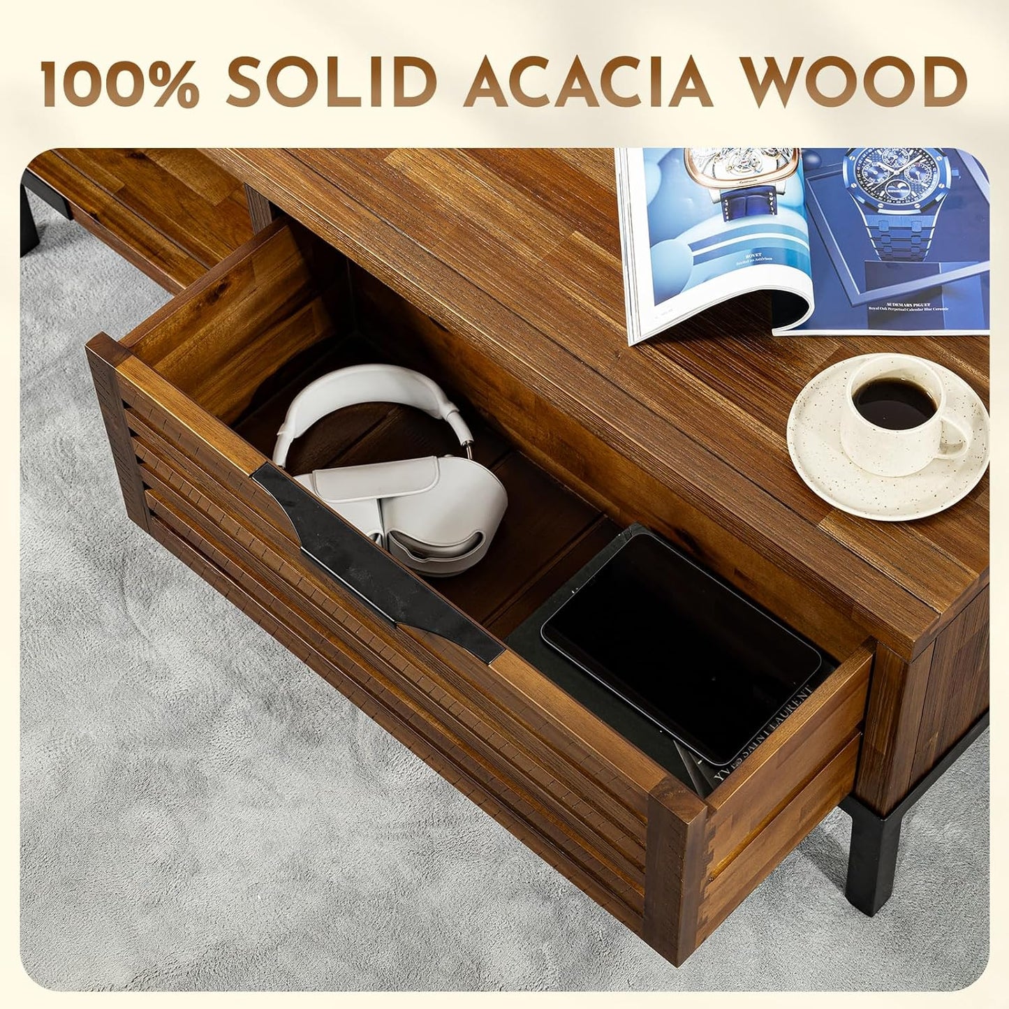 Bme Millie Coffee Tables for Living Room - Industrial Rustic - Two Drawers - Open Shelf - Rustic Scuffed Texture - Convenient Metal Handle and Sturdy Legs with Levelers - Easy Assembly - Chestnut