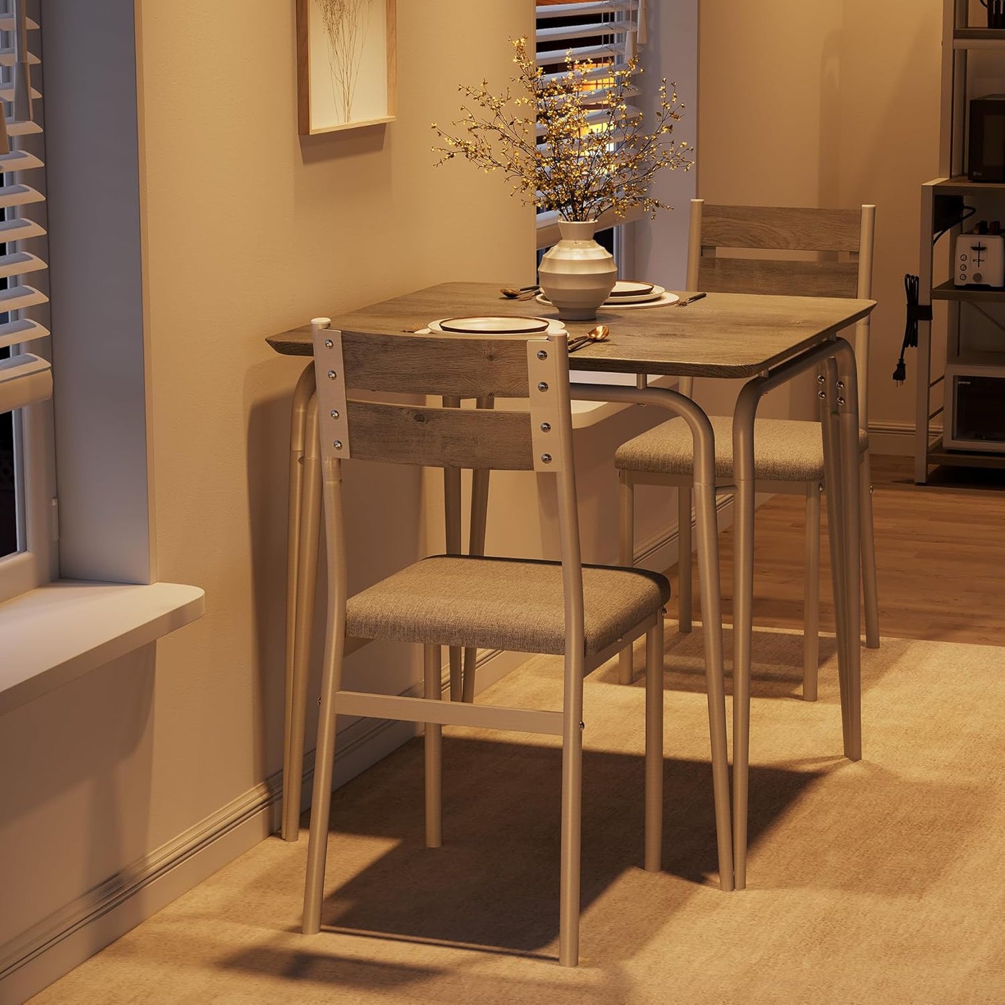 Dining Table for 2, Small Table and Chairs Set of 2, Square Dinette Set for 2, 3 Piece Kitchen & Dining Room Sets for Small Space (White, Table with 2 Upholstered Chairs)