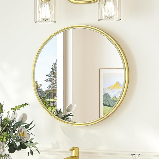 TokeShimi 18 in Brushed Gold Wall Mirror Framed Round Bathroom Mirror for Over Sink Shatterproof, 18 x 18 Farmhouse Mirror Circle Metal Wall Mirrored for Living Room, Entryway, Bedroom, Vanity
