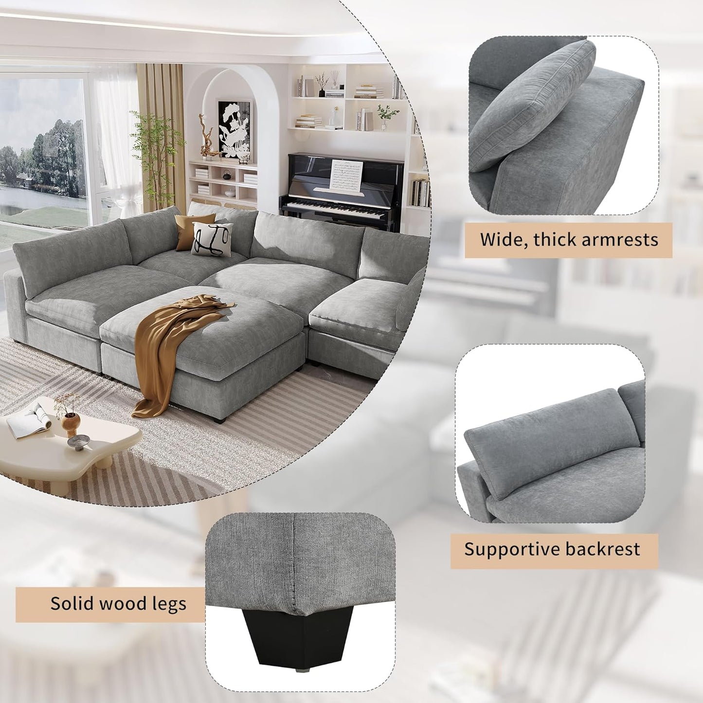 176.4 Inch L Shaped Modular Sectional Sofa with Removable Ottoman, 5-Seater Oversized Deep Seat Corner Couch for Living Room, Apartment, Office, Spacious Space, Grey