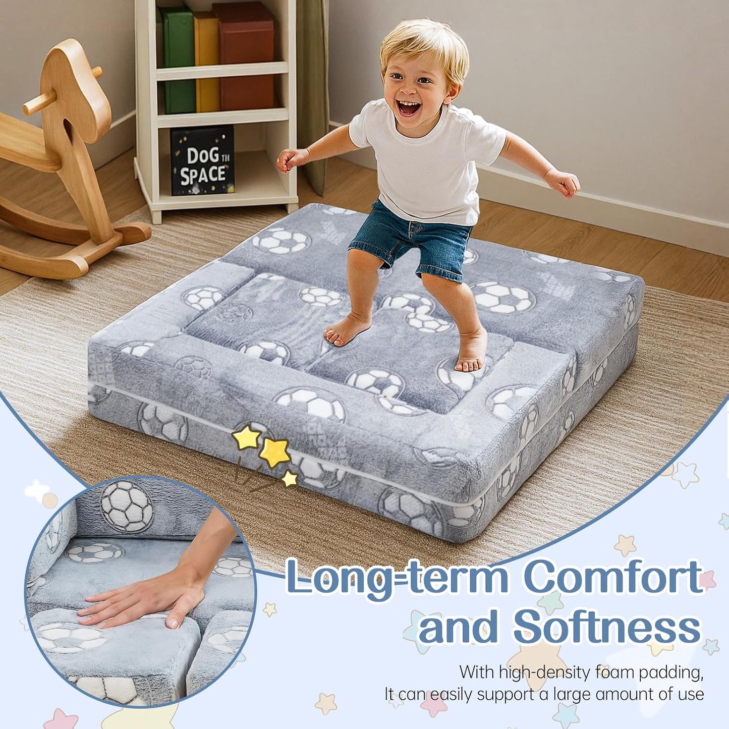 Lamerge Toddler Couch Glow in The Dark Toddler Fold Out Couch for playroom, Convertible Baby Fold Out Play Foam and Floor Cushion for Bedroom (Grey+Football)
