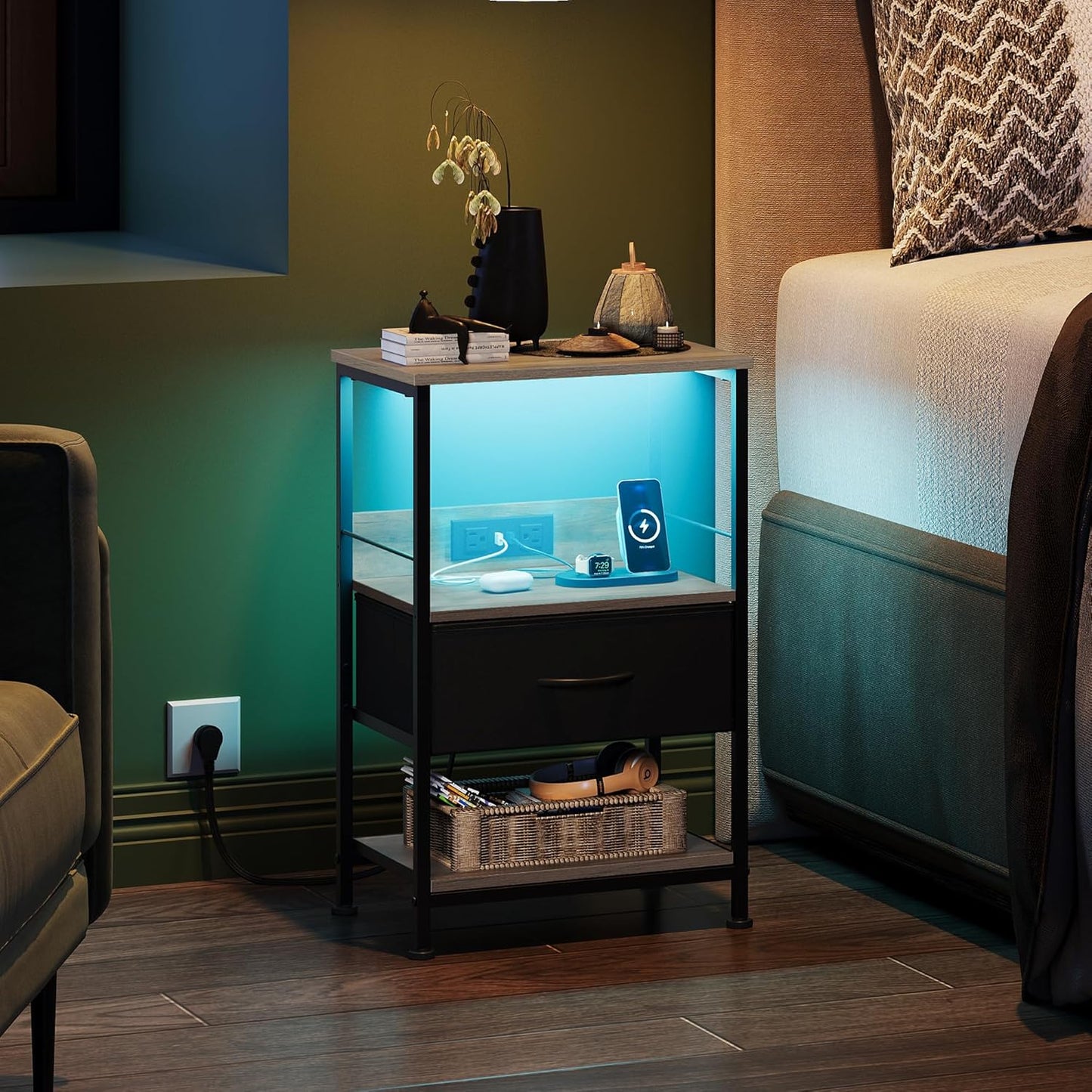 WLIVE LED Nightstand, Night Stand with Charger Station, Bedside Table with Fabric Drawer and Adjustable Open Shelves, Small End Side Tables for Bedroom, Grey