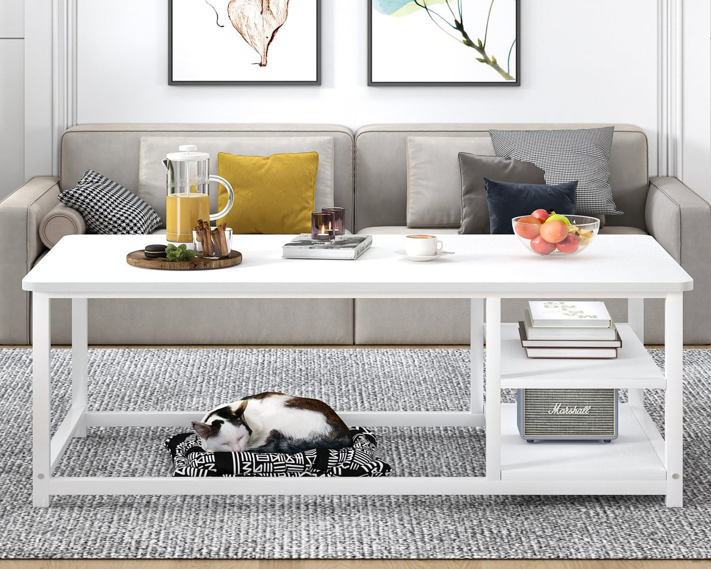 EXCEFUR White Coffee Table, Modern Rustic Wood Center Table with Storage for Living Room, Industrial Rectangle Cocktail Tea Table, 47 Inch