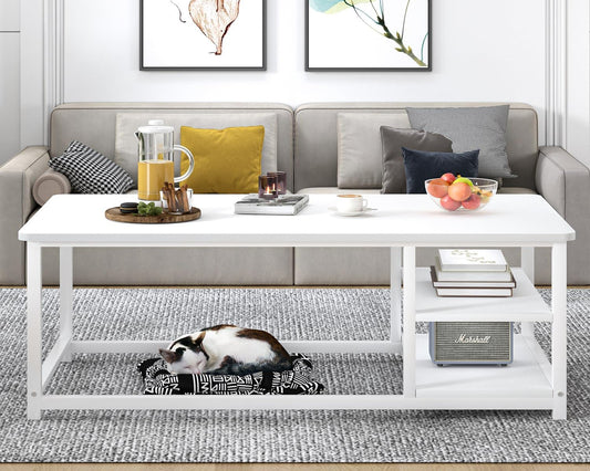 EXCEFUR White Coffee Table, Modern Rustic Wood Center Table with Storage for Living Room, Industrial Rectangle Cocktail Tea Table, 47 Inch