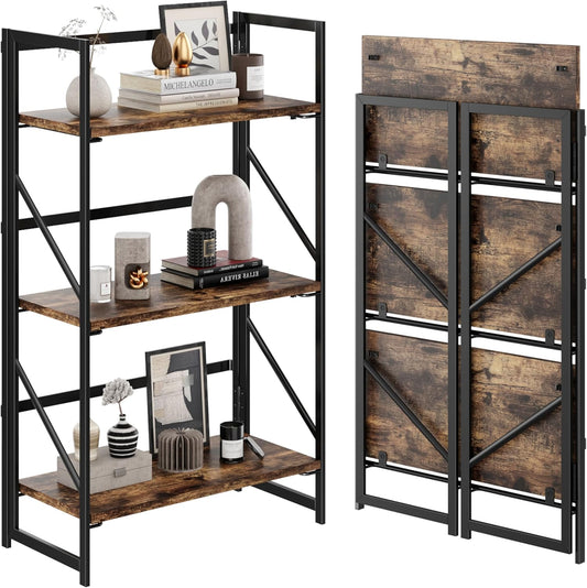 JSB No Assembly Folding Bookshelf, 3 Tier Industrial Metal Book Shelf for Storage, Vintage Wood Foldable Bookcase for Living Room, Bedroom, Office Organization Shelves
